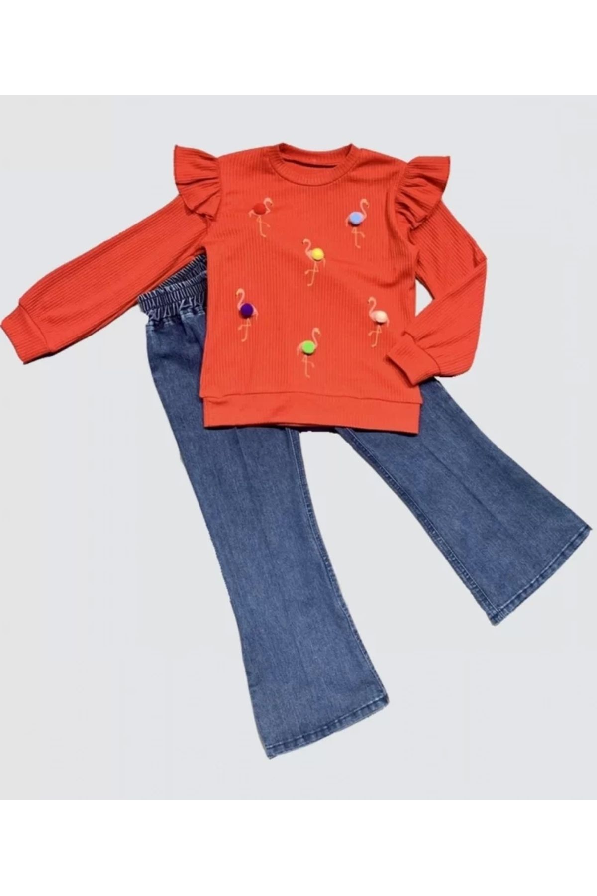 luz&pos 4-5-6 Yaş Kot Pantolonlu Flamingo Desenli Penye Sweat Uzun Kollu 2li Kız Çocuk Takımı Kırmızı