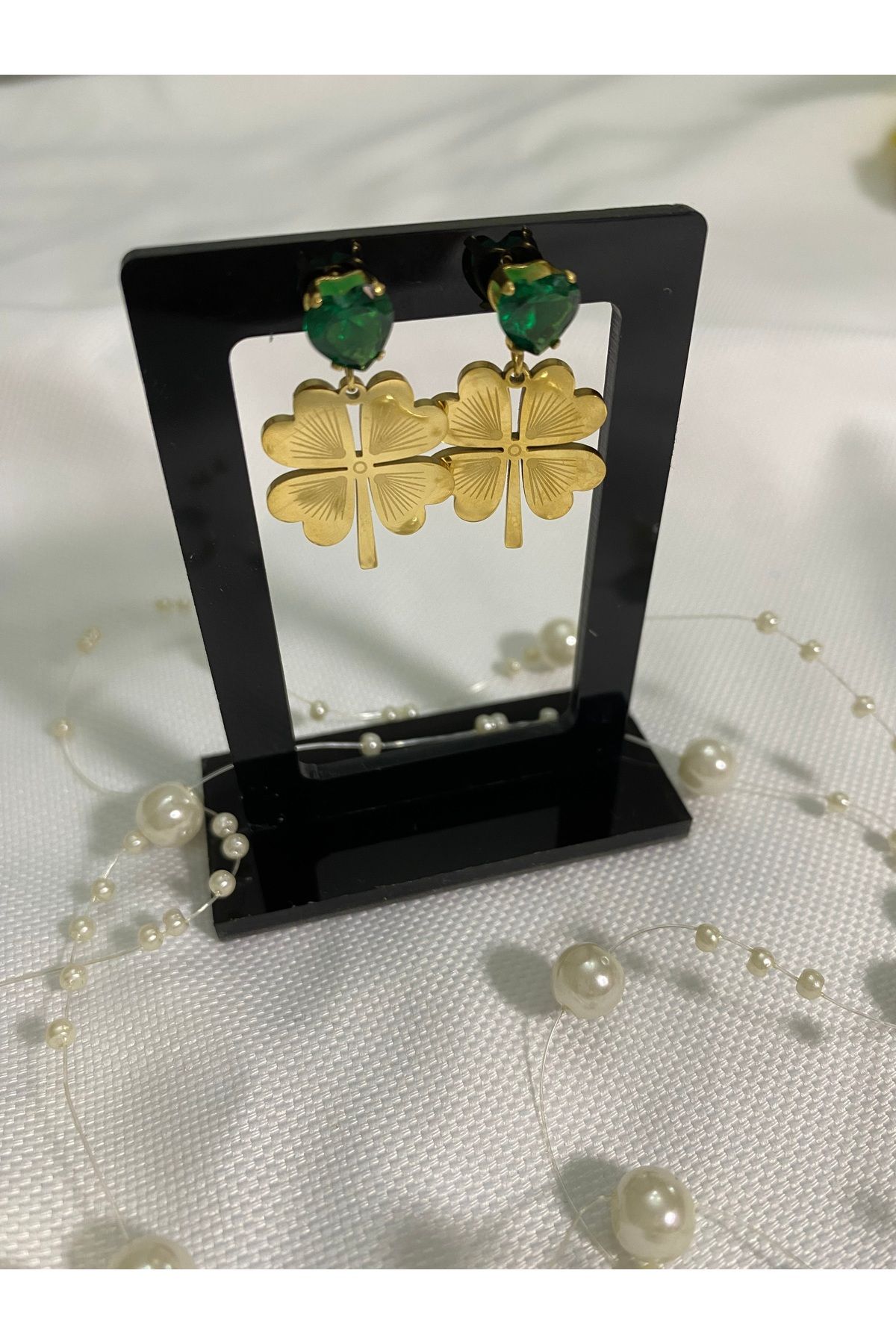 asem jewelry ÇELİK YONCA TAŞ DETAYLI KÜPE