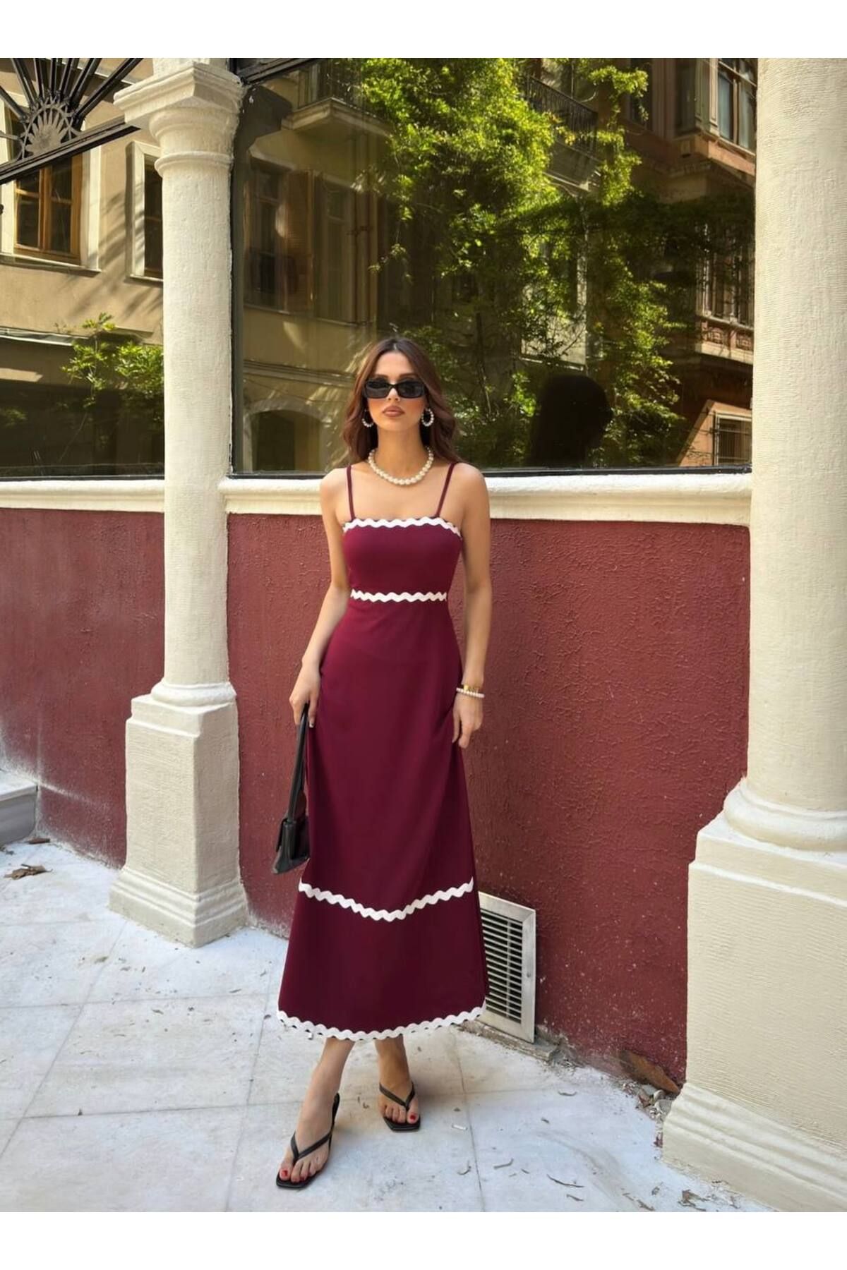 MODA Crep Kumaş İnce Askılı Uzun Elbise