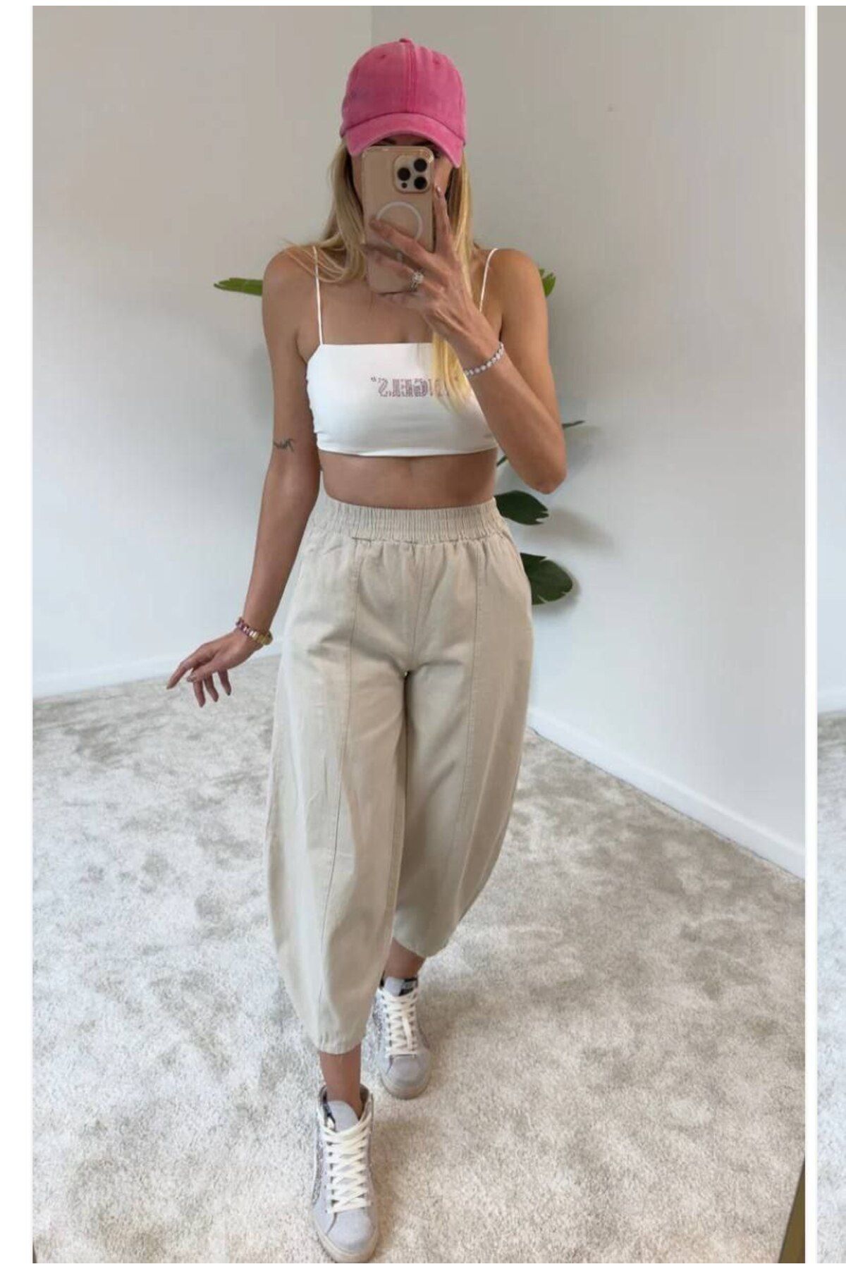 Butik Krem Renk Gabardin Kumaş Beli ve Paçası Lastikli Çımalı Şalvar Pantolon