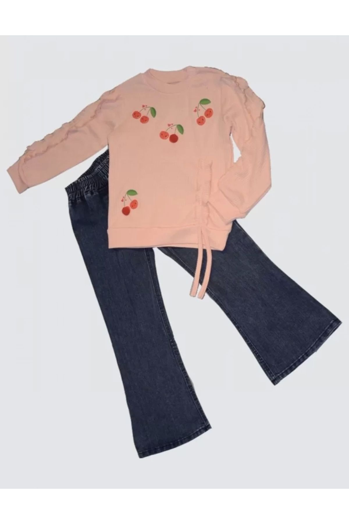 luz&pos 4-5-6 Yaş Kot Pantolonlu Kiraz Desenli Penye Sweat Uzun Kollu 2li Kız Çocuk Takımı Pudra