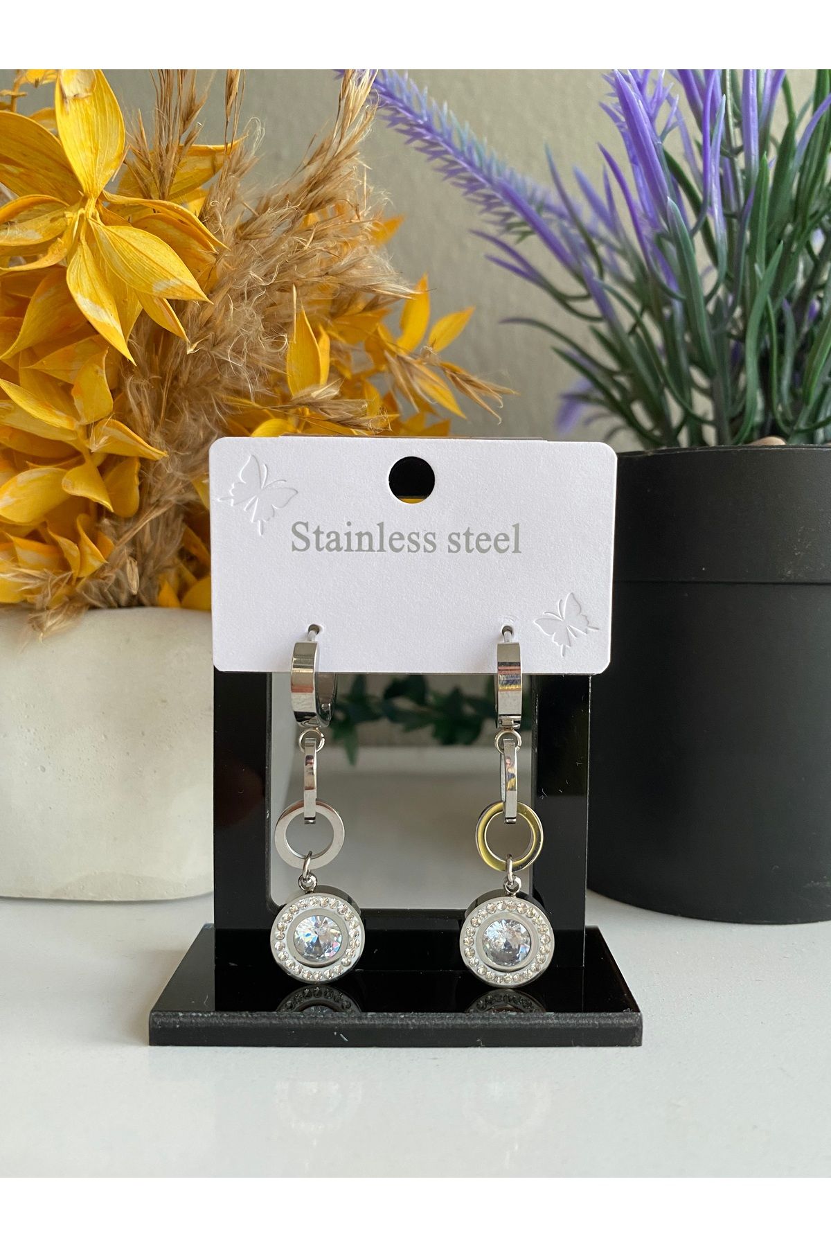 asem jewelry ÇELİK HALKA VE TAŞ DETAYLI KÜPE