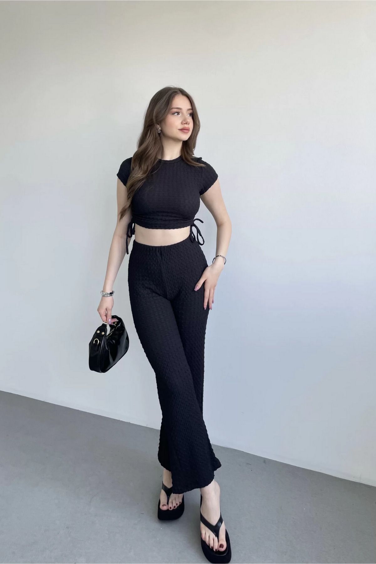 Sorridi Gofre Yanları Büzgülü Crop Pantolon 2’li Takım