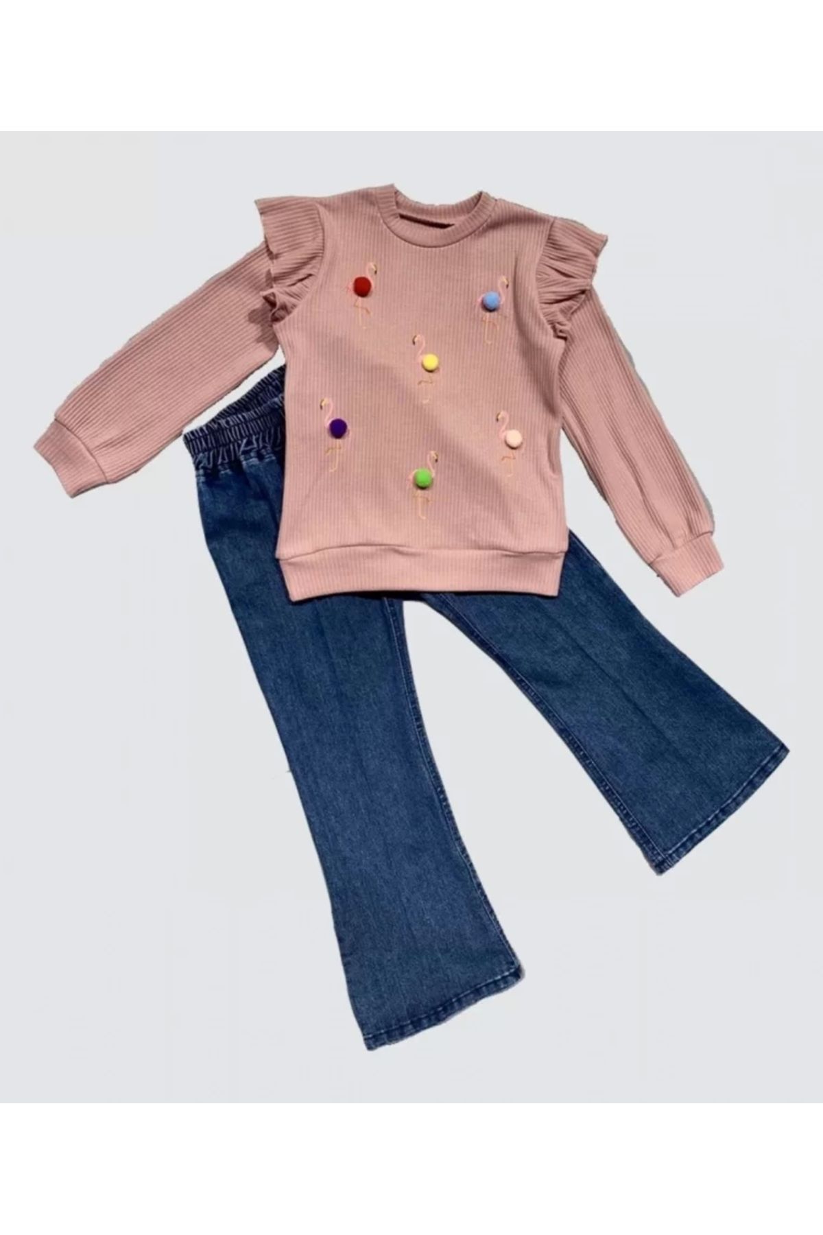 luz&pos 4-5-6 Yaş Kot Pantolonlu Flamingo Desenli Penye Sweat Uzun Kollu 2li Kız Çocuk Takımı Gül Kurusu