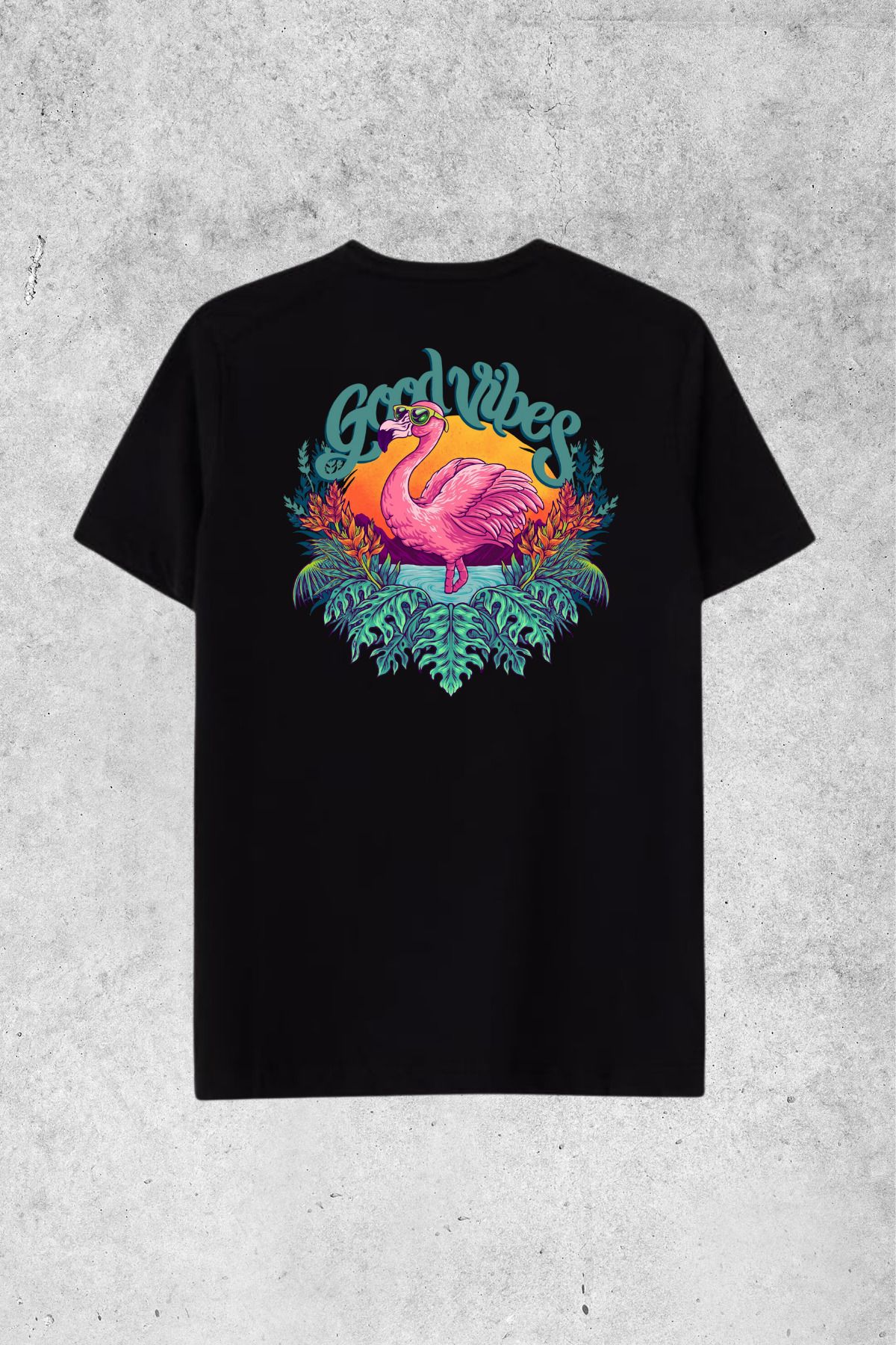 MOLICO basic unisex sıfır yaka kısa kollu FLAMİNGO DESENLİ SIRT BASKILI OVERSİZE Tshirt