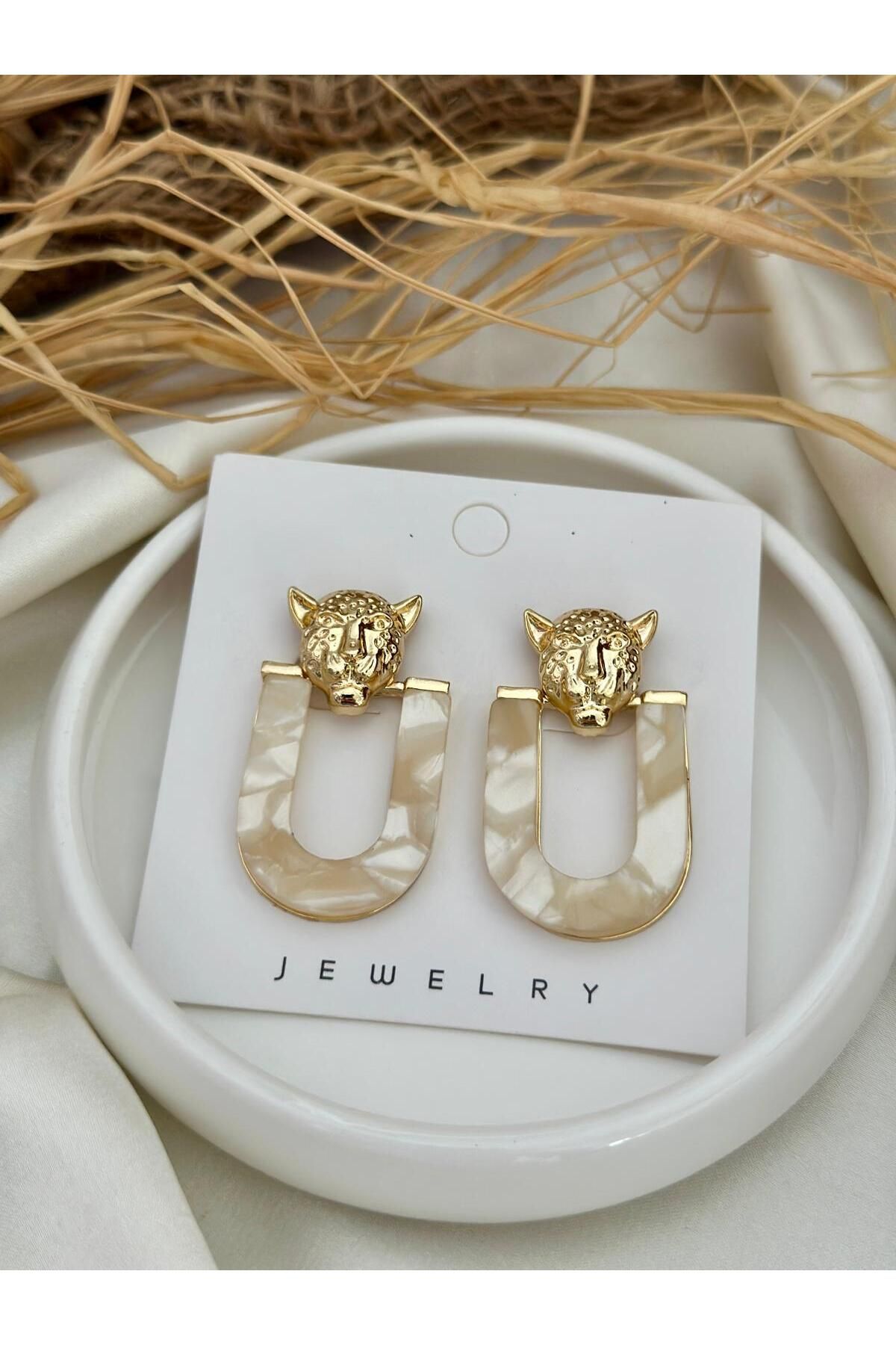 DEMİR ACCESORİES Leopar Figürlü Doğal Renkli Taş Kadın Küpe