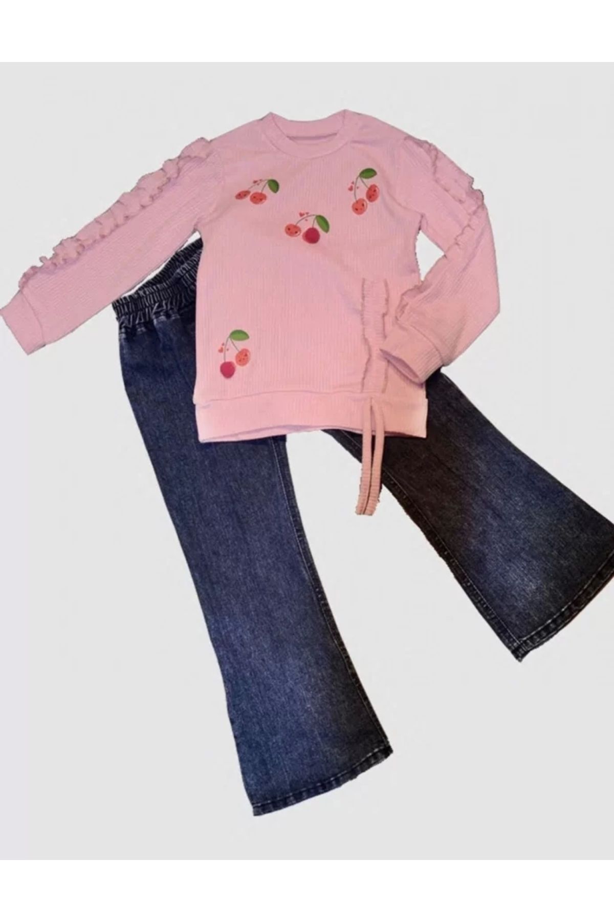 luz&pos 4-5-6 Yaş Kot Pantolonlu Kiraz Desenli Penye Sweat Uzun Kollu 2li Kız Çocuk Takımı Pembe