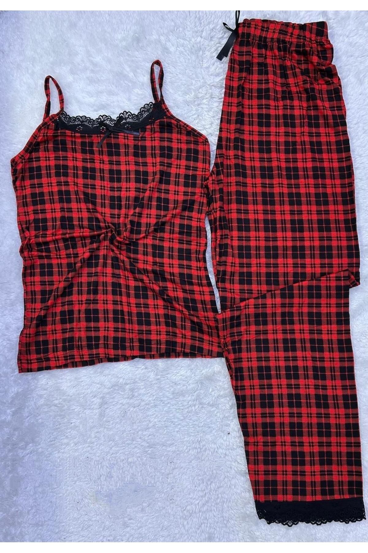 XORVİO Kadın Pamuk İp Askılı Gecelik Pijama Takım Dantel Detaylı Şık Desen Cotton Yazlık Yumuşacık Pamuk