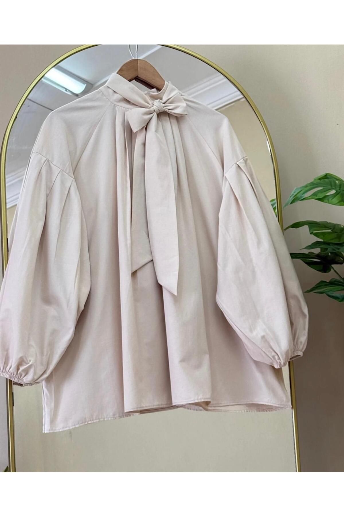 cies boutique yaka bağlama detaylı balon kol oversize gömlek