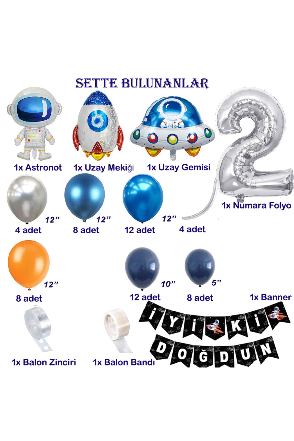 Patladı Gitti-Space Themed Birthday Set 2 Years Old; 4 Foil, 56 Latex Balloons, Banner, Balloon Chain, Balloon Tape 2