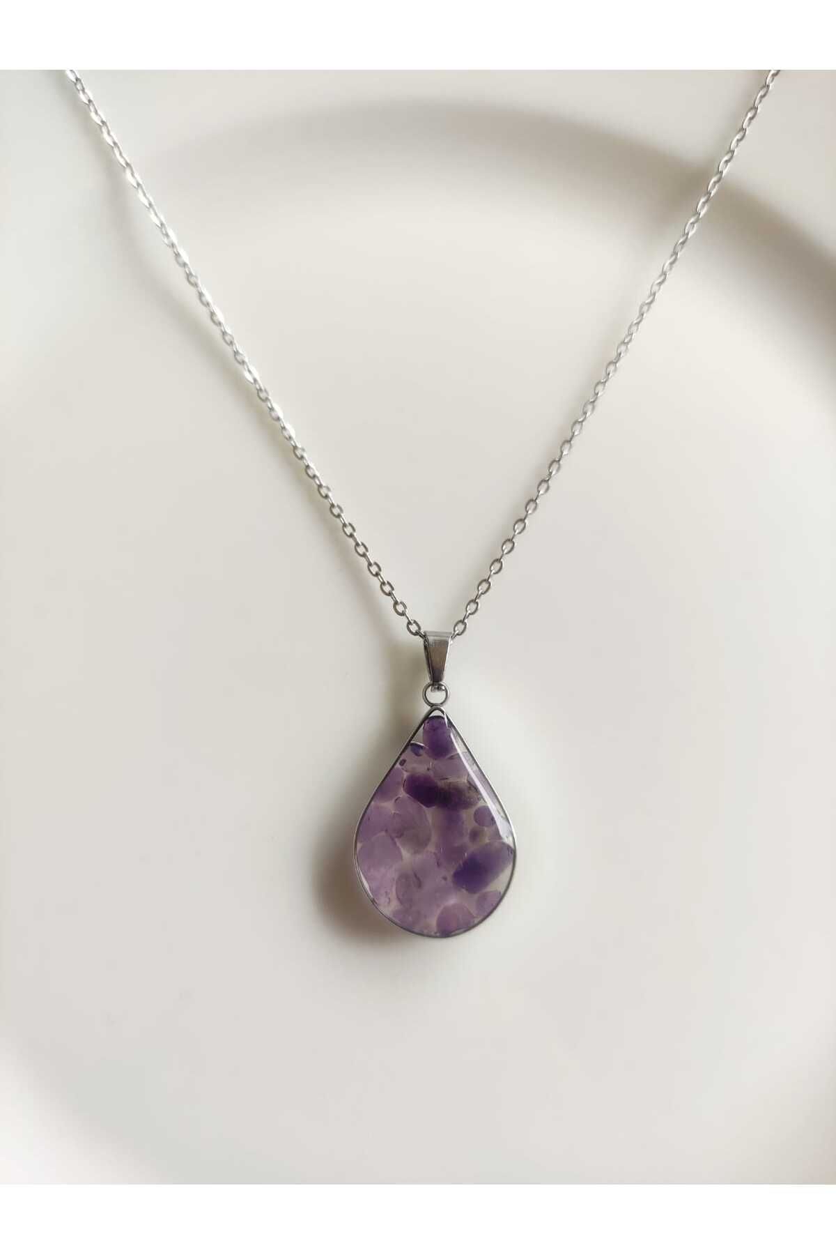 MoS JEWELLERY Mor Doğal Taşlı Damla Model Kolye - Paslanmaz Çelik