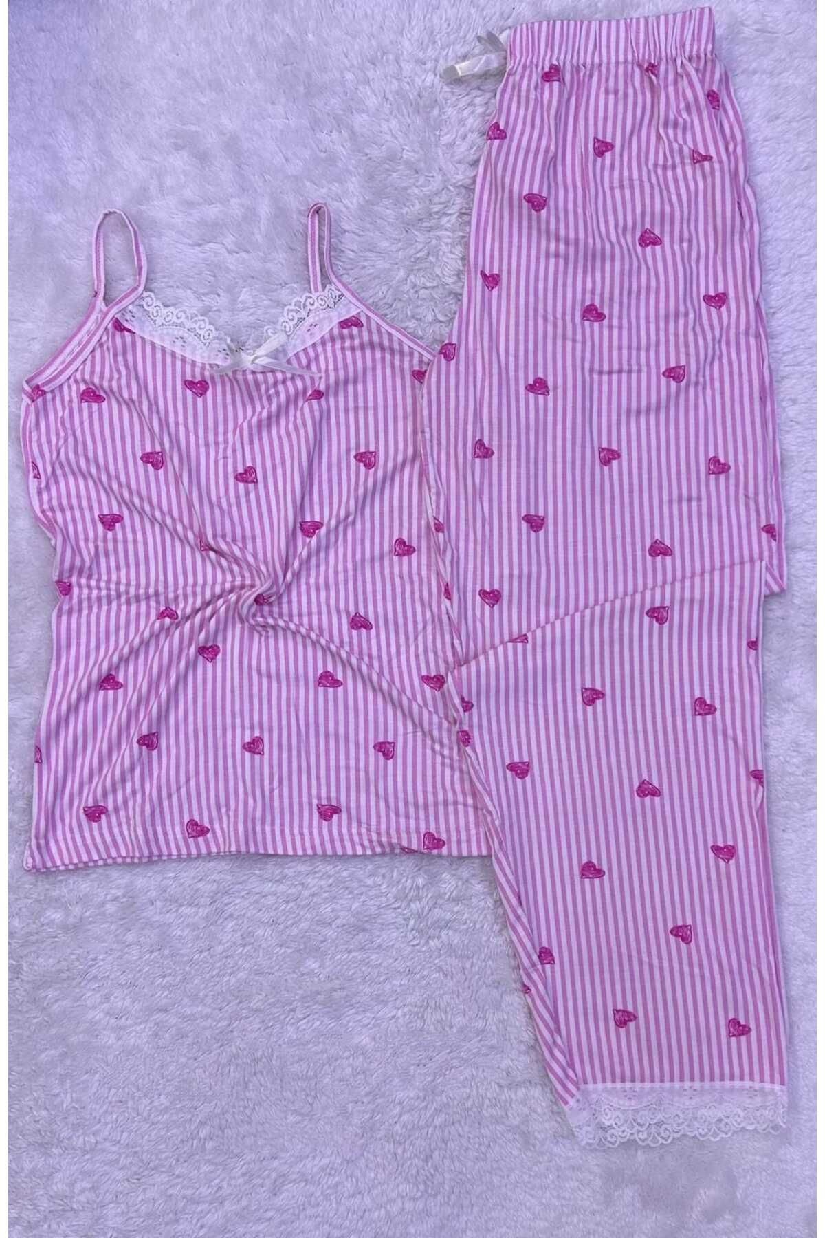 XORVİO Kadın Pamuk İp Askılı Gecelik Pijama Takım Dantel Detaylı Şık Desen Cotton Yazlık Yumuşacık Pamuk