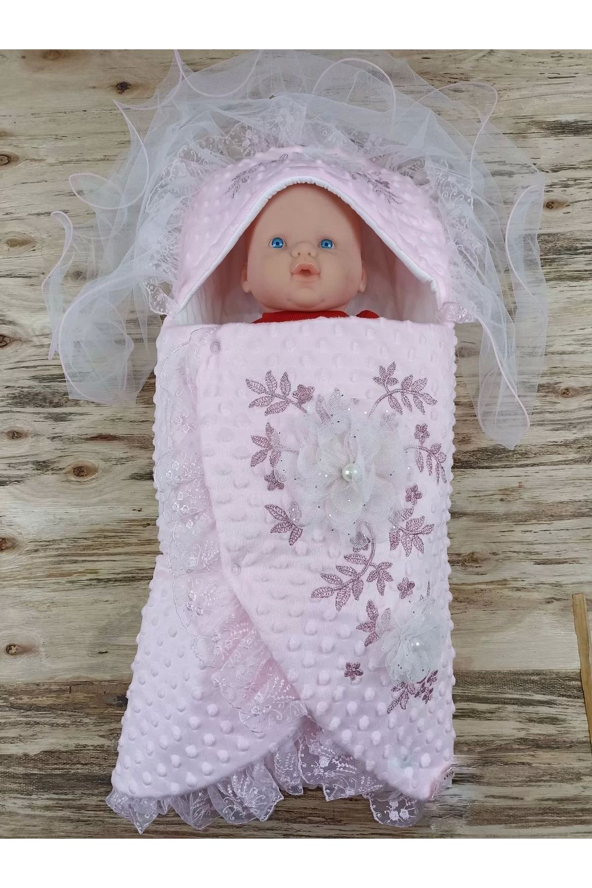 luz&pos Yenidoğan Topçikli Gül Bahçesi Tül Örtülü Kız Erkek Bebek Klasik Kundak Bebek Battaniyesi Pembe