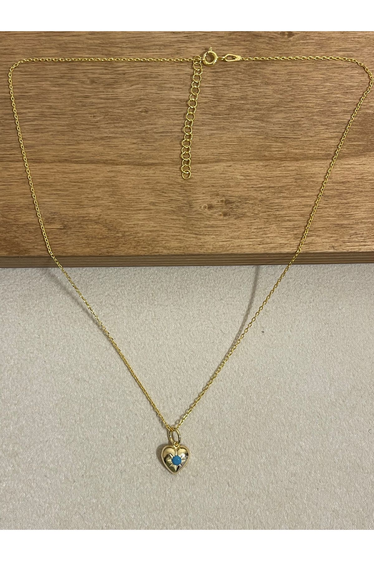 Rupen Kraft 925 Ayar Gümüş Gold Renk Firuze Taşlı Zincirli Kalp Model Kolye