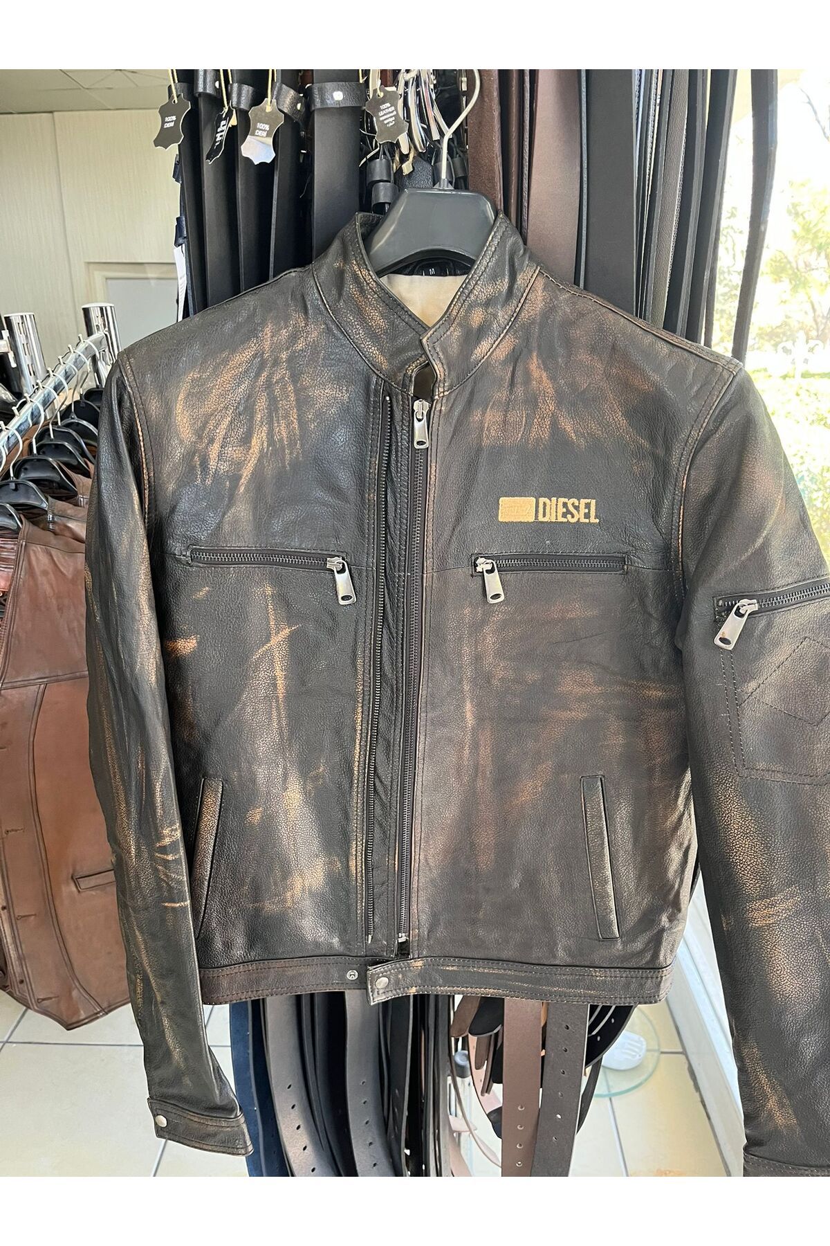 NYC GİYİM TEKSTİL Vintage Tarz Hakiki Deri Motosiklet Montlar, Koyun Derisi, Eskitme Tasarım, Orta Kalınlık