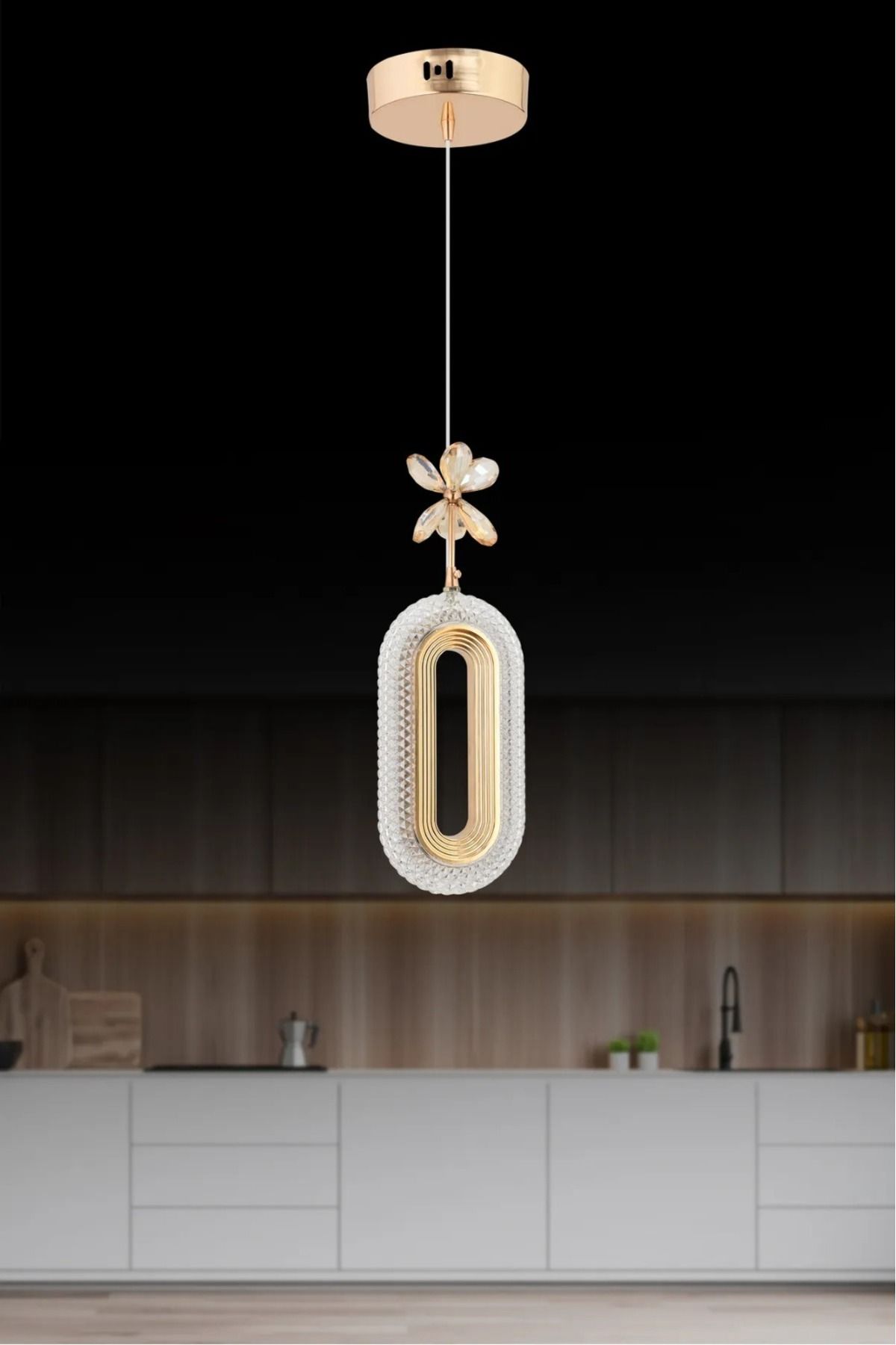 Roque Led Alfa Tekli Gold Ledli Kristal Taşlı Led Avize Oturma Odası Yatak odası Koridor