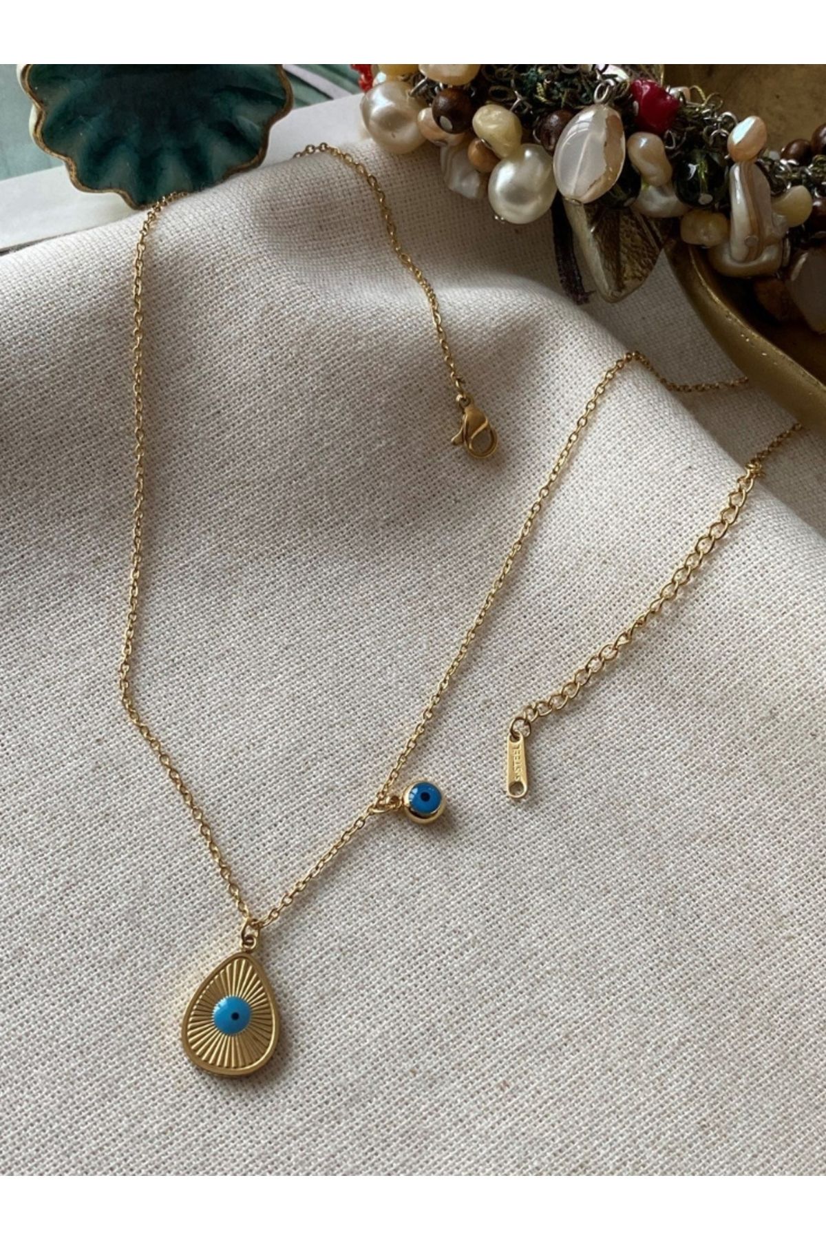 SHAGY Gold Nazar Boncuk Detay Damla Desen 45cm Çelik Kolye