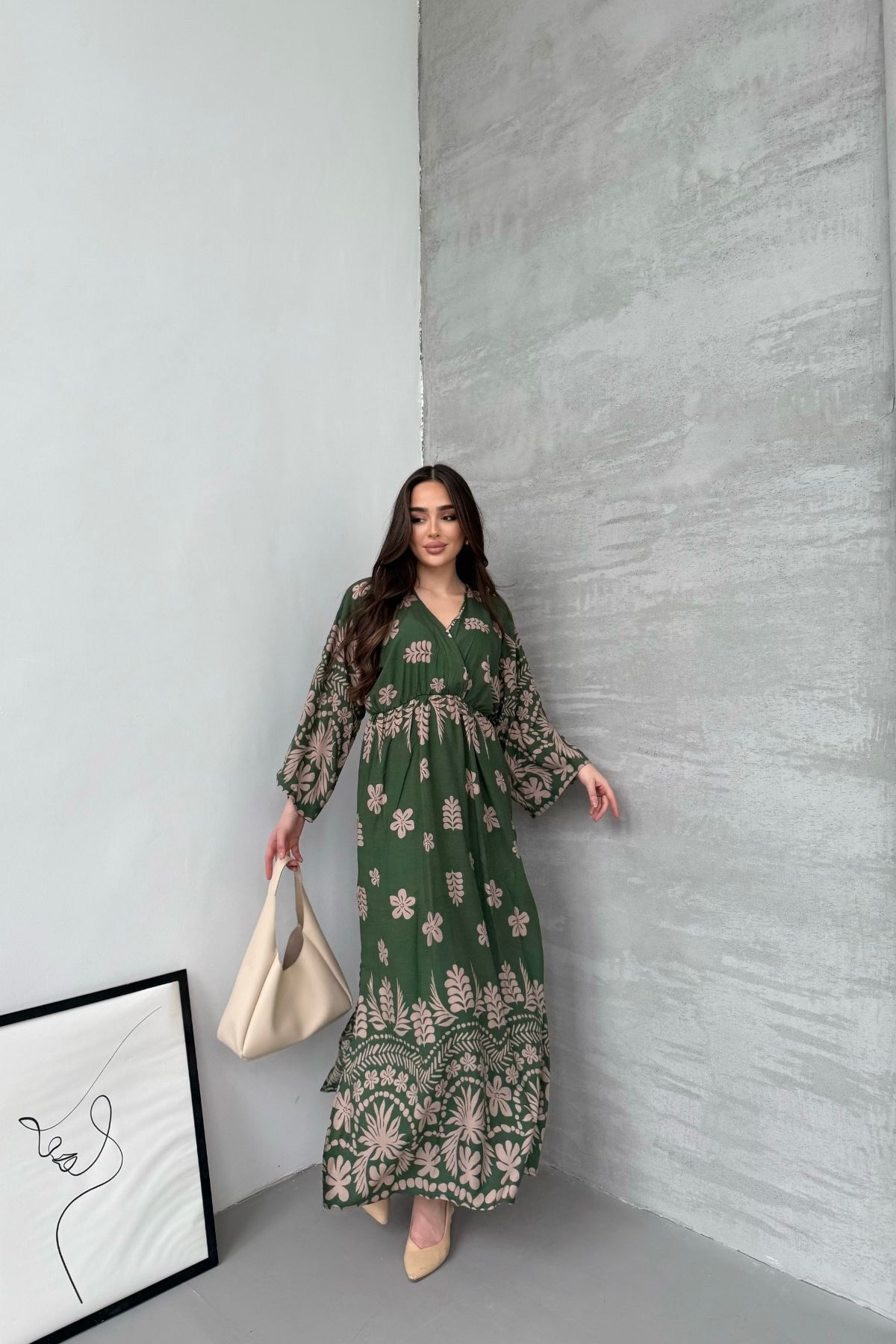 Mezka Çiçek Desenli Yeşil Uzun Kollu Elbise