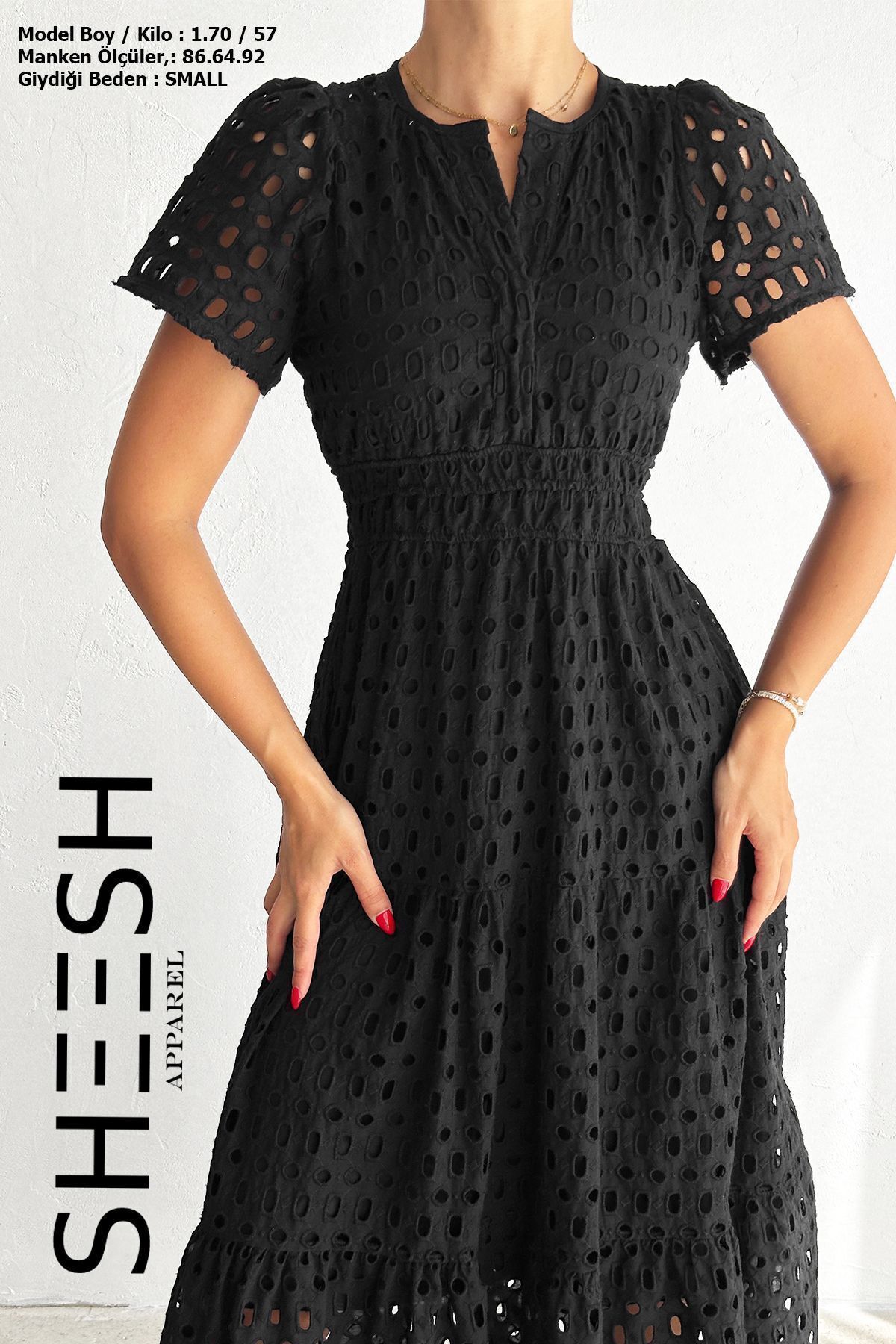 SHEESH APPAREL-Μακρύ μαύρο φόρεμα - με διάτρητη και λεπτομέρεια φιστό 5