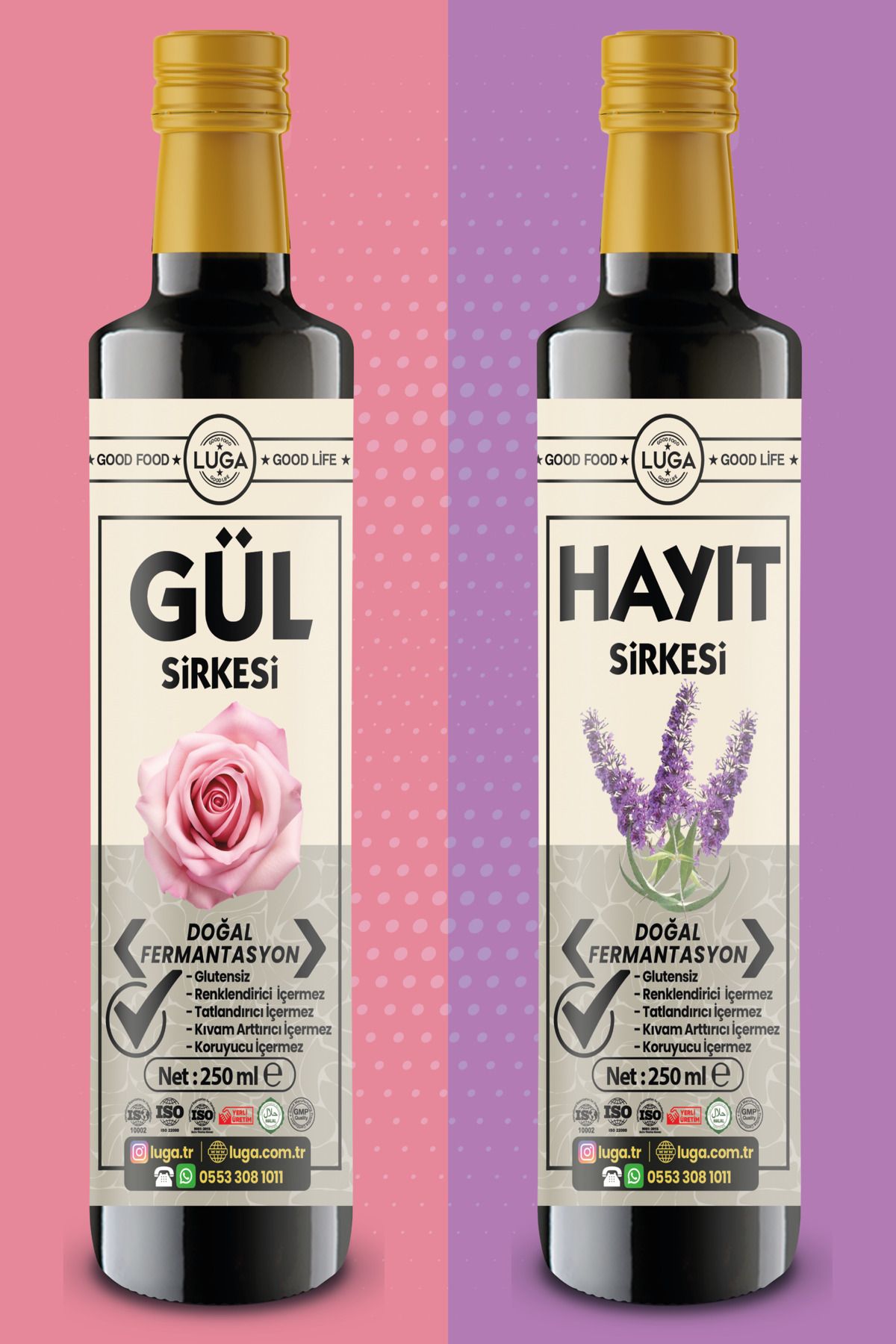 Luga Gül Sirkesi 250 ml + Hayıt Sirkesi 250 ml - 2 li Set Doğal Fermantasyon, Katkısız, Glutensiz,
