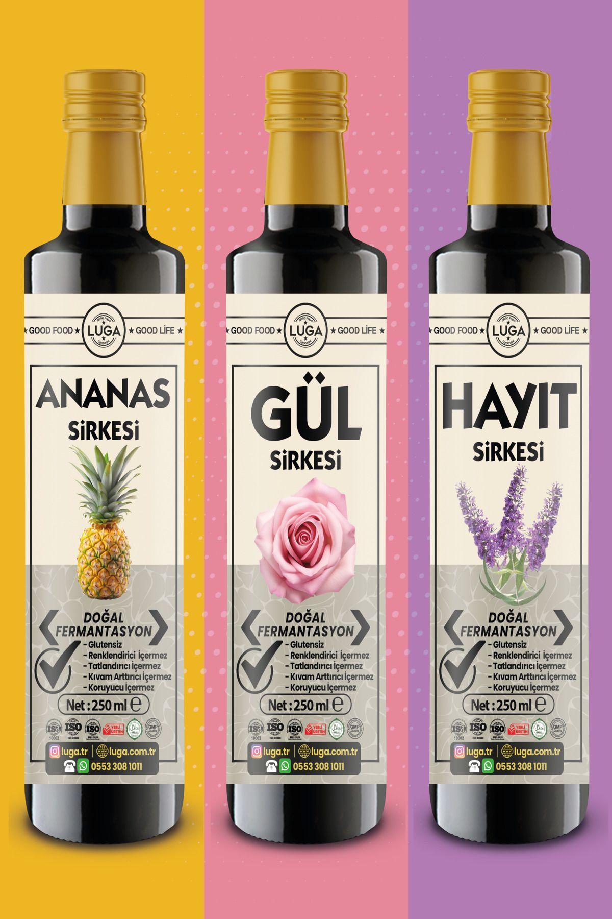 Luga Ananas + Gül + Hayıt Sirkesi 3 lü Set - 250 ml x 3 adet - Doğal Fermantasyon, Katkısız, Glutensiz,