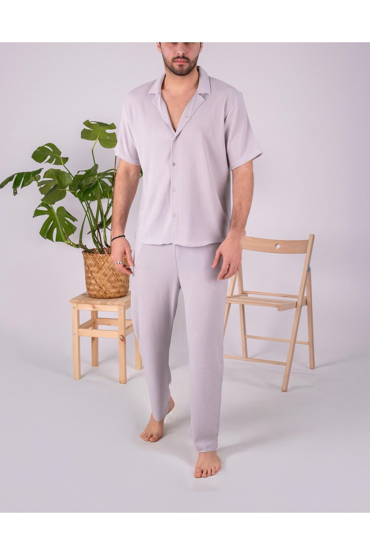JAMPY Erkek Keten Gömlek Takım Özel Üretim Ferah Oversize Bürümcük Kumaş Alt Üst Gömlek Jogger Takım