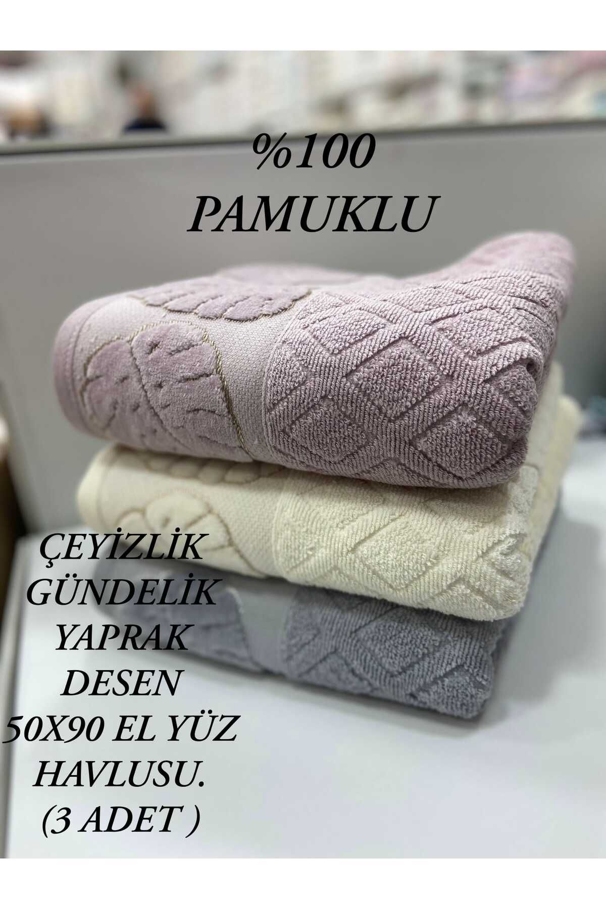 HMZ TEKSTİL GÜNDELİK ÇEYİZLİK YAPRAK DESENLİ PAMUKLU 3 ADET EL YÜZ HAVLUSU