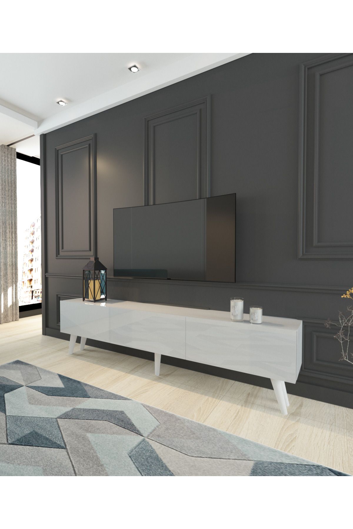 MOBİLYA GEZEGENİ Mobilya Gezegeni 150 cm Mdf Ayaklı Beyaz Tv Ünitesi