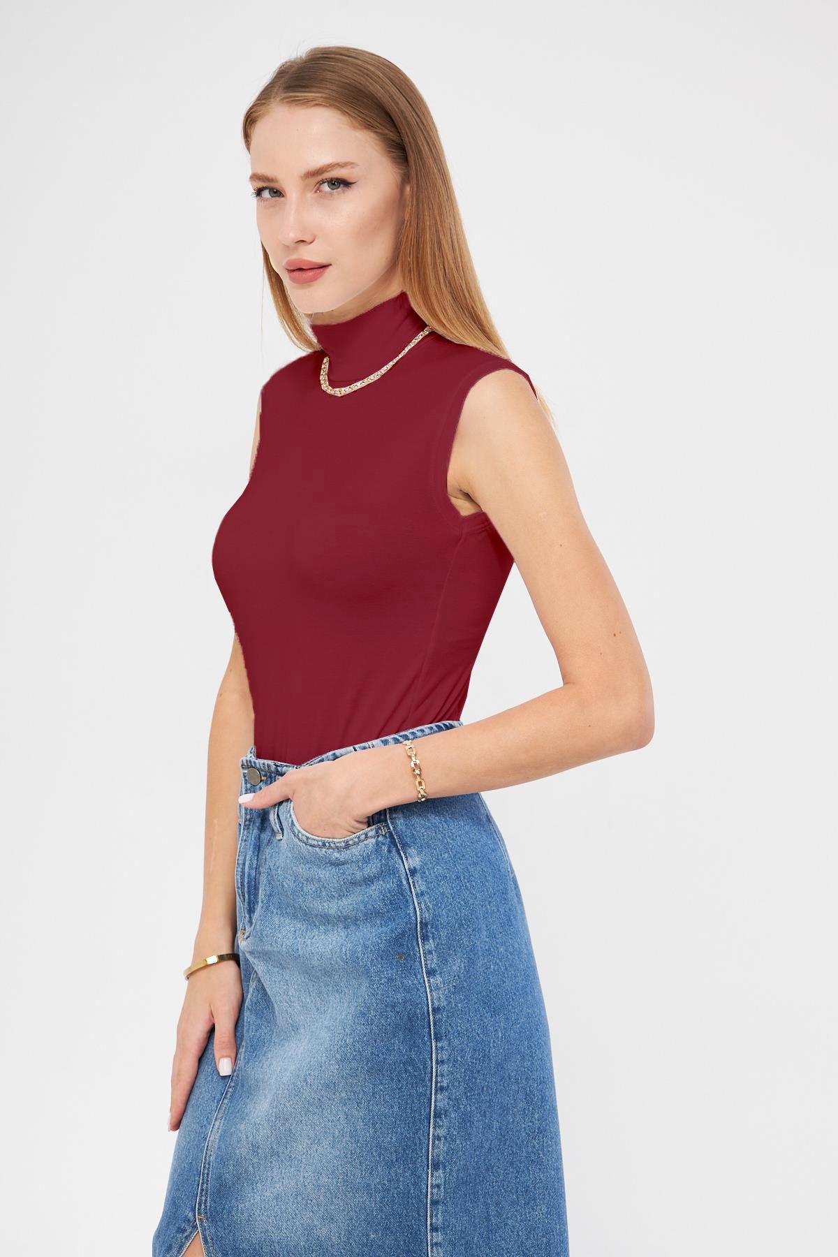 studio fashion 1988 Kadın Siyah Balıkçı Yaka Sıfır Kol Premium Kumaş Viskon Likralı Body