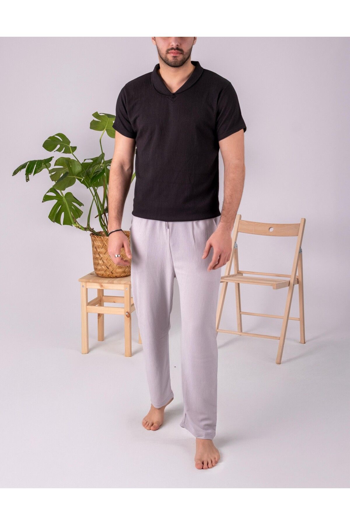 JAMPY Erkek Keten Gömlek Takım Özel Üretim Ferah Oversize Bürümcük Kumaş Alt Üst Gömlek Jogger Takım