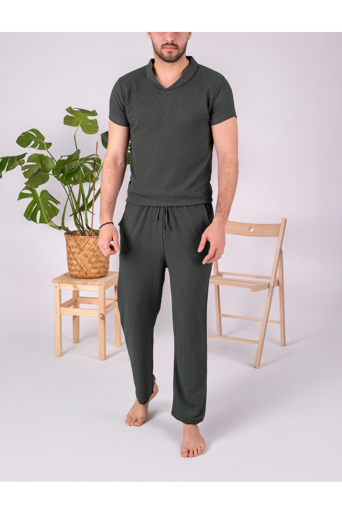 JAMPY Erkek Keten Gömlek Takım Özel Üretim Ferah Oversize Bürümcük Kumaş Alt Üst Gömlek Jogger Takım
