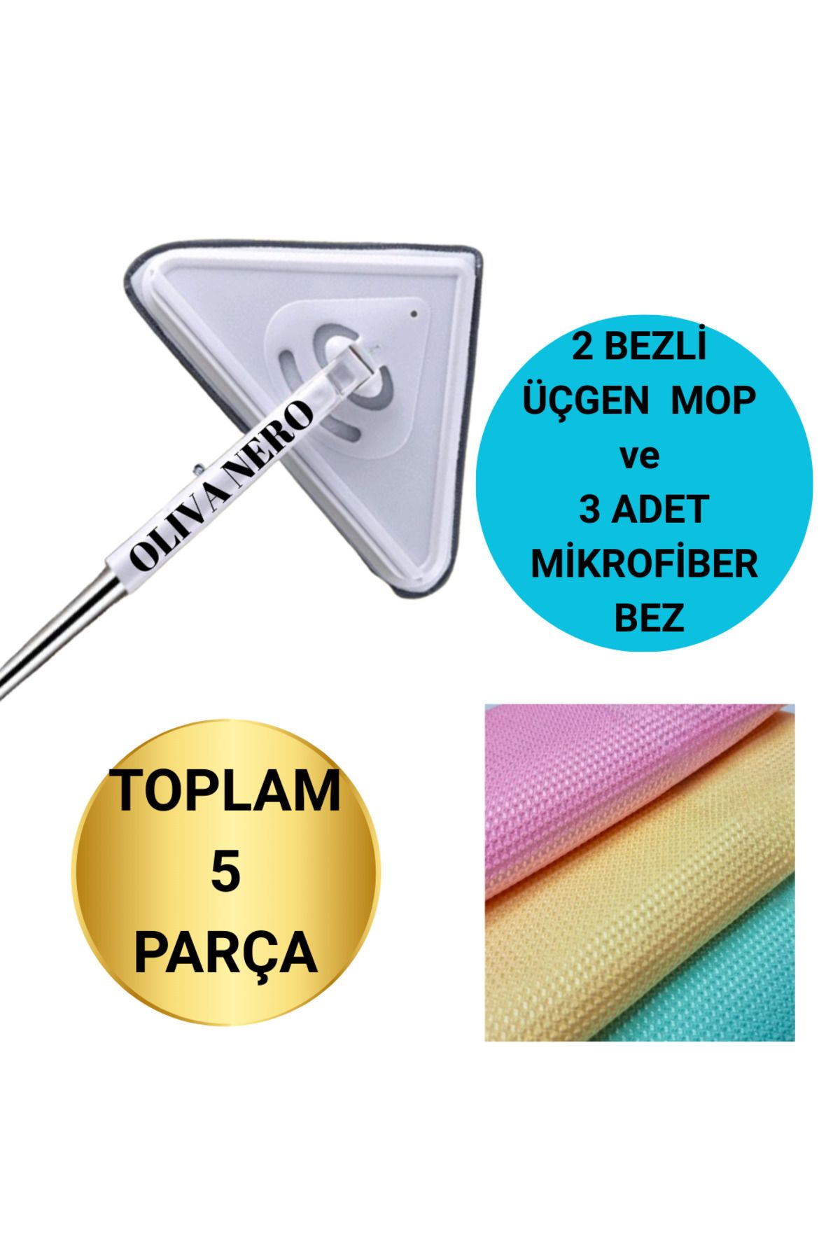 Oliva Nero 2 Bezli Üçgen Mop Temizlik Seti – 145 cm Sap + 3 Adet Mikrofiber Bez Temizlik Bezi - 2’Lİ SET