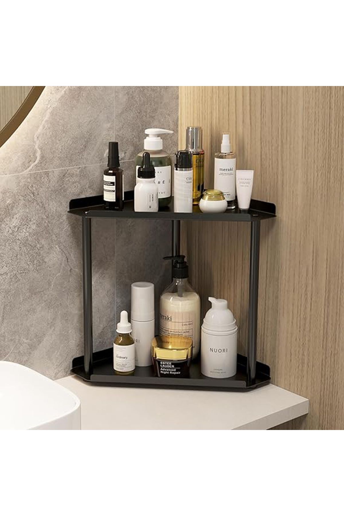 mazory decor Banyo Düzenleyici 2 Katlı Siyah Lüks Düzenleyici Organizer Banyo Rafı Şampuanlık Dekoratif