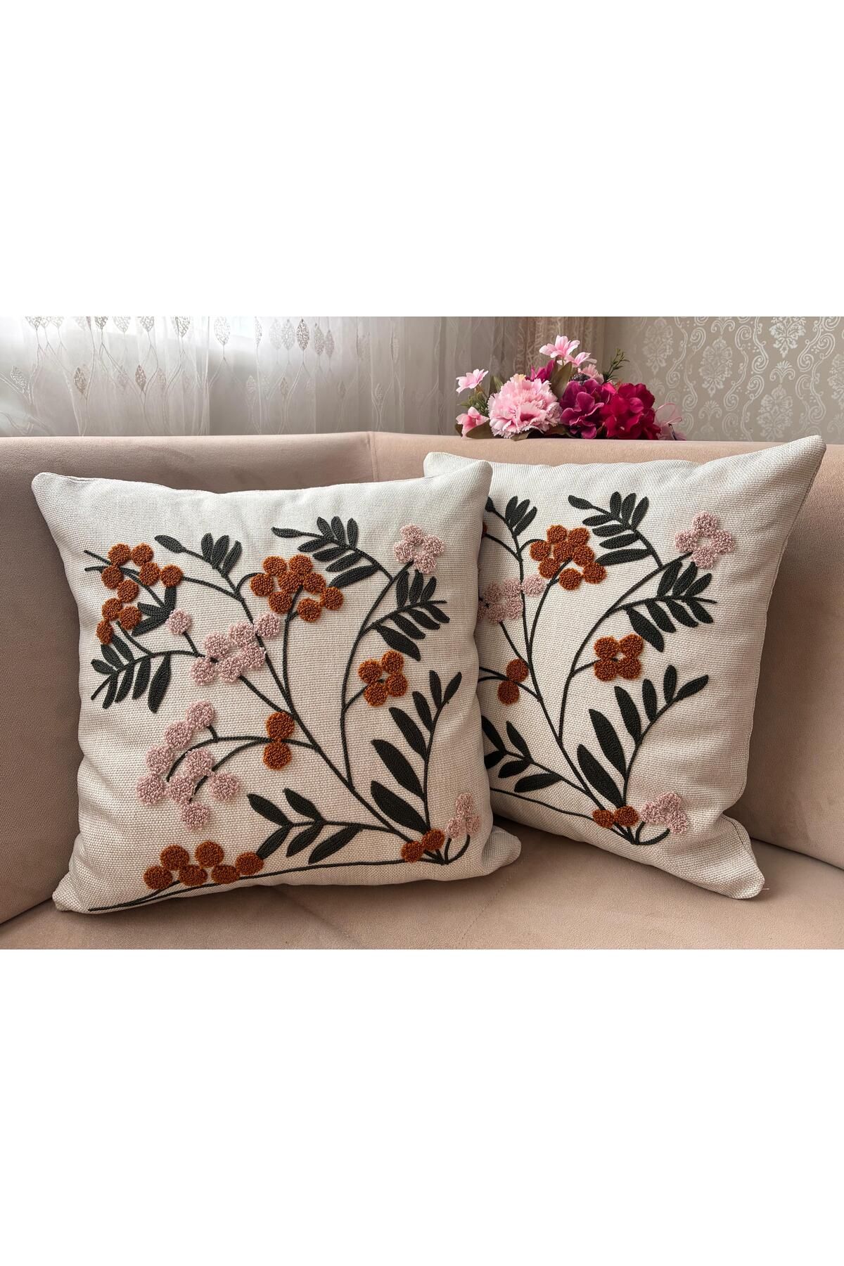 Mustgross Bohem Punch Nakışlı Keten Kırlent Kılıfı 2'li Set - 43x43 Cm