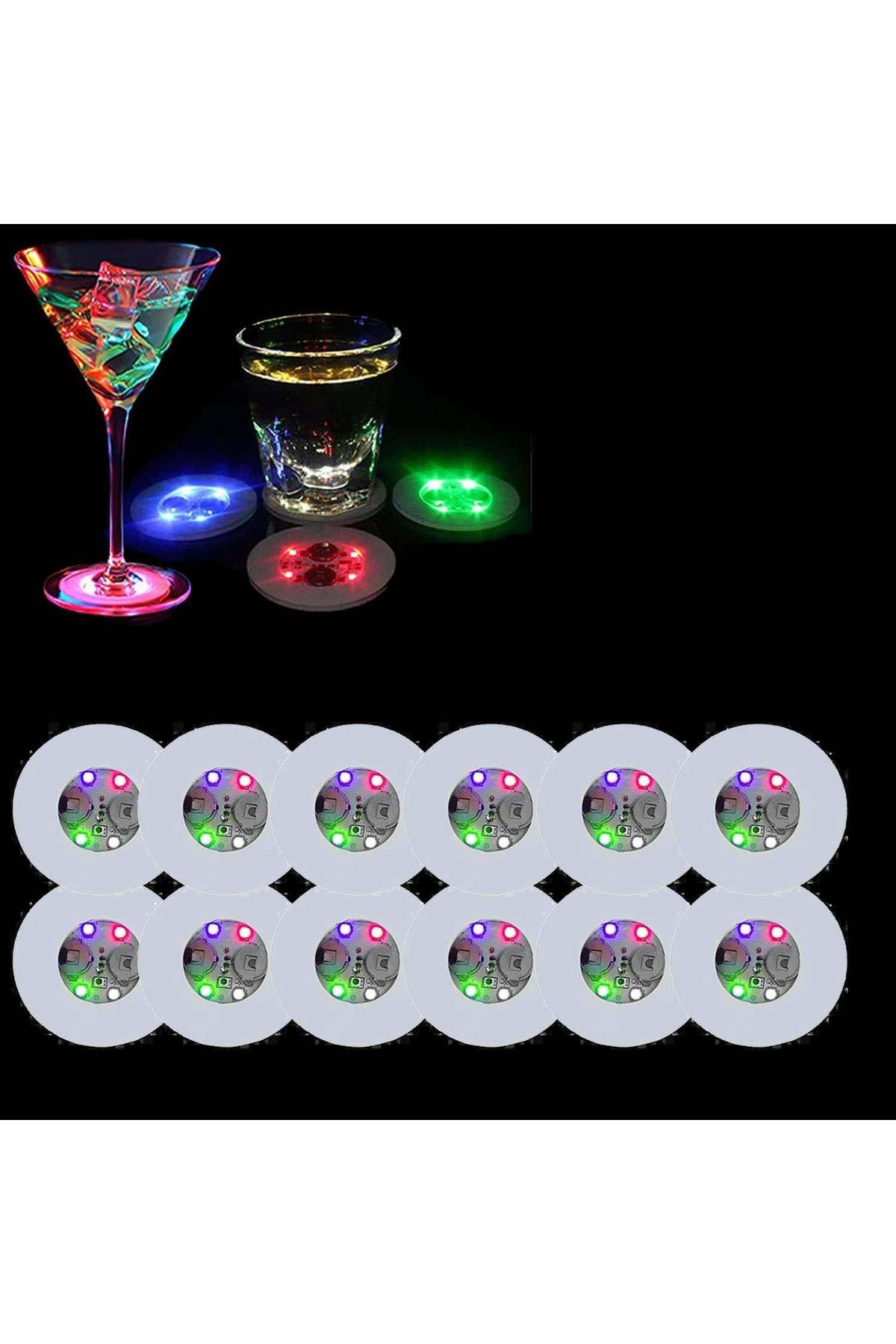 Easy Tedarik Renkli LED Işıklı Bardak Altlığı - Dekoratif 12 Adet Pilli