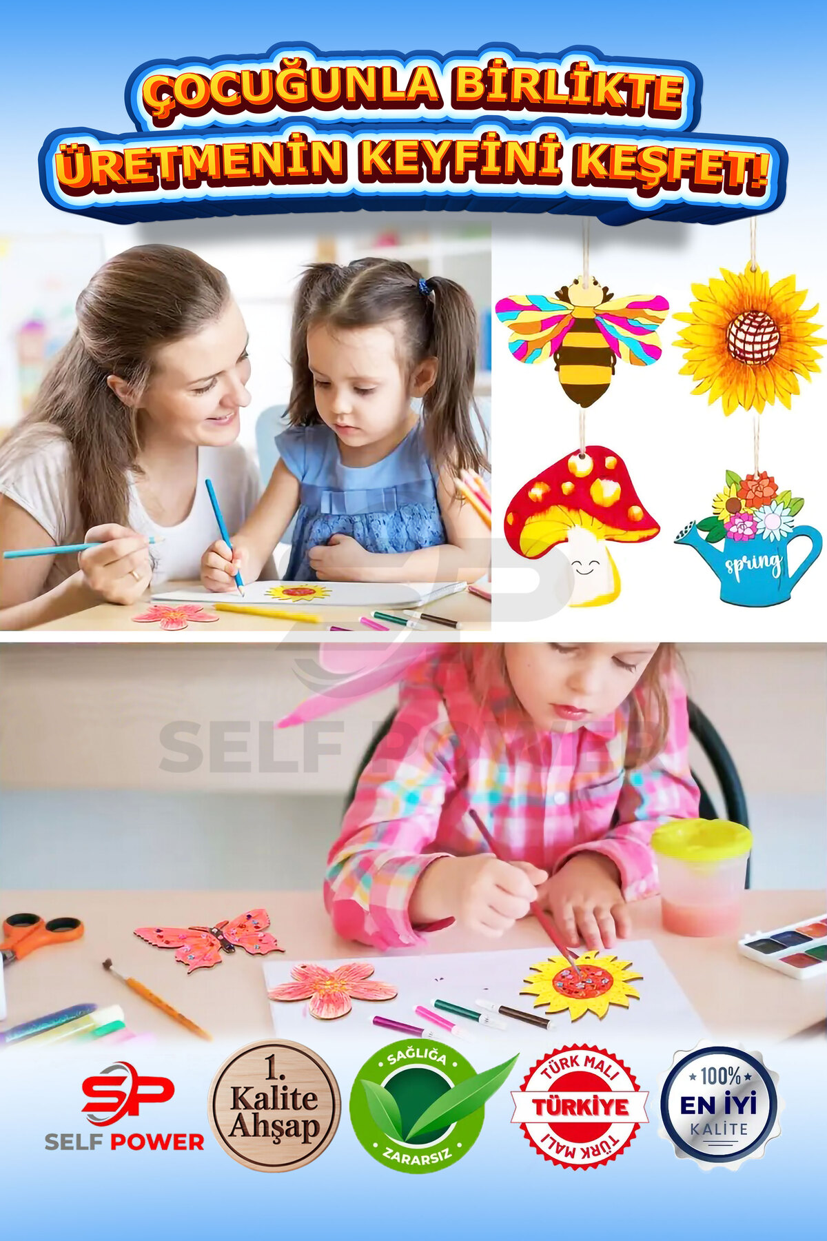 Self Power Ahşap El Sanatları Seti Boya Fırçaları Yaratıcı Sanatlar ve Çocuklar için El Sanatları Eğitici Oyun fotoğrafı 5 (önizleme)