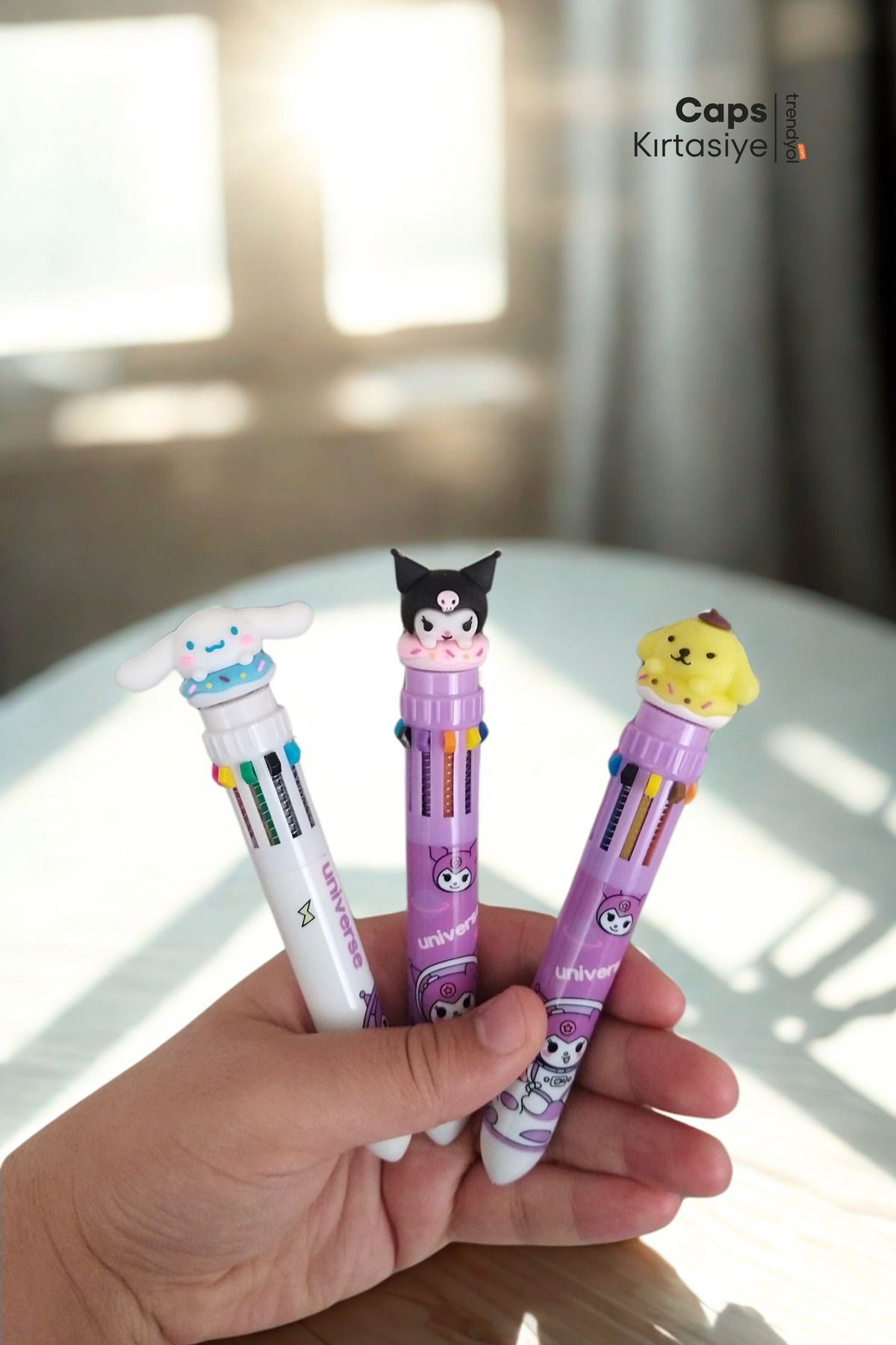 caps office 3 Adet 10 Renkli Figür Başlıklı Tükenmez Kalem Seti – Kuromi, Cinnamoroll, My Melody, Pompompurin