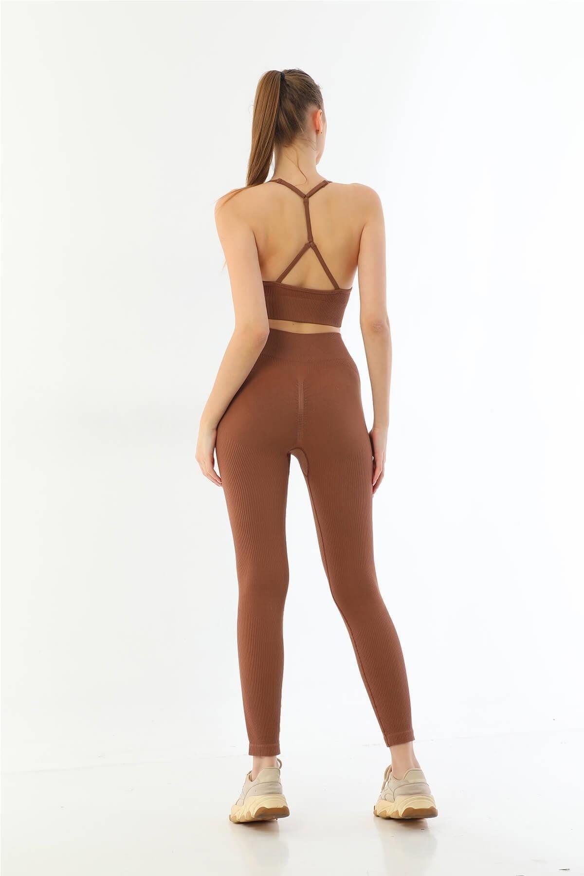 GiyimCity KAHVE Soft Seamless Ripli Tayt Yoga Takımı