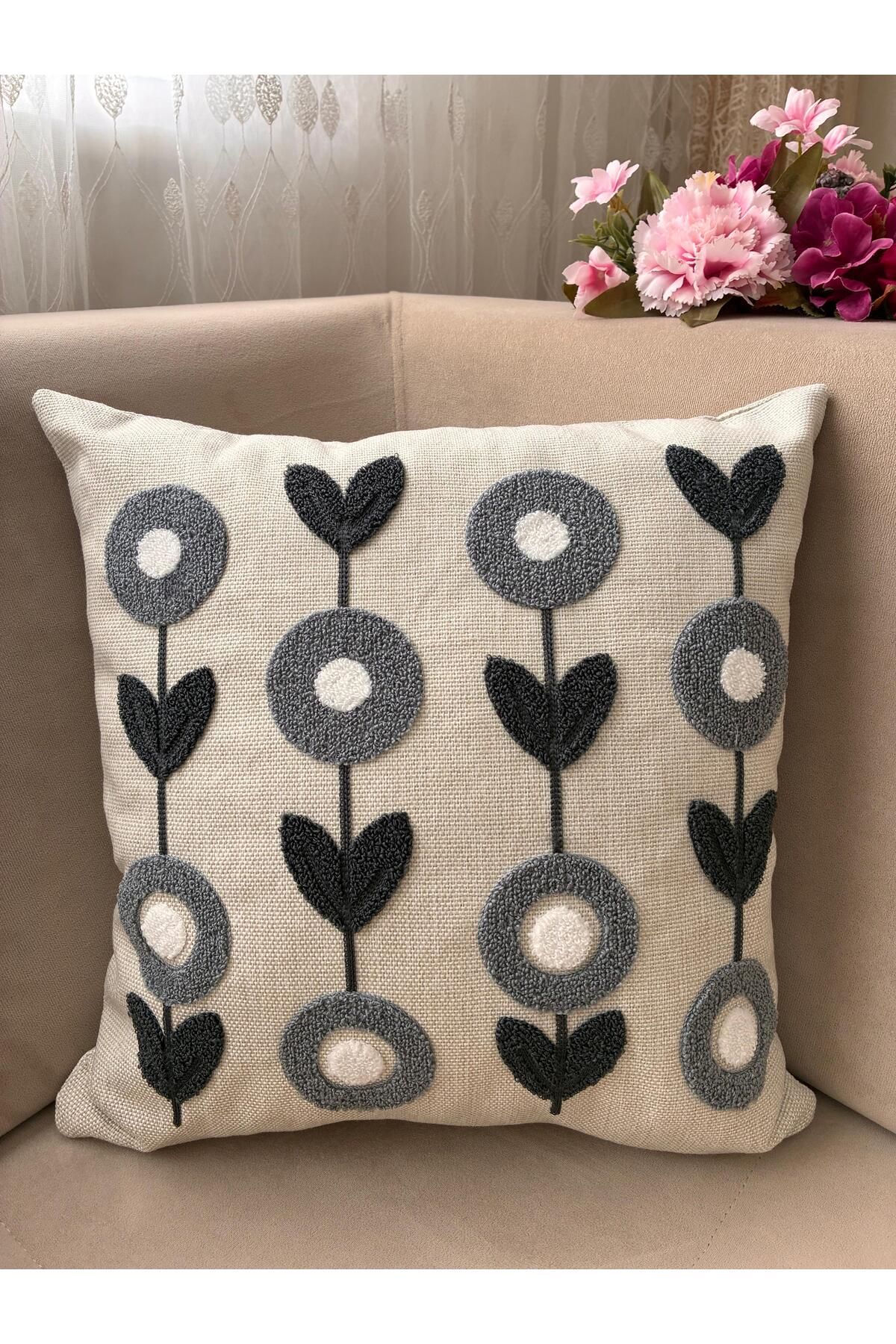 Mustgross Bohem Punch Nakışlı Keten Kırlent Kılıfı 1 Adet - 43x43 Cm