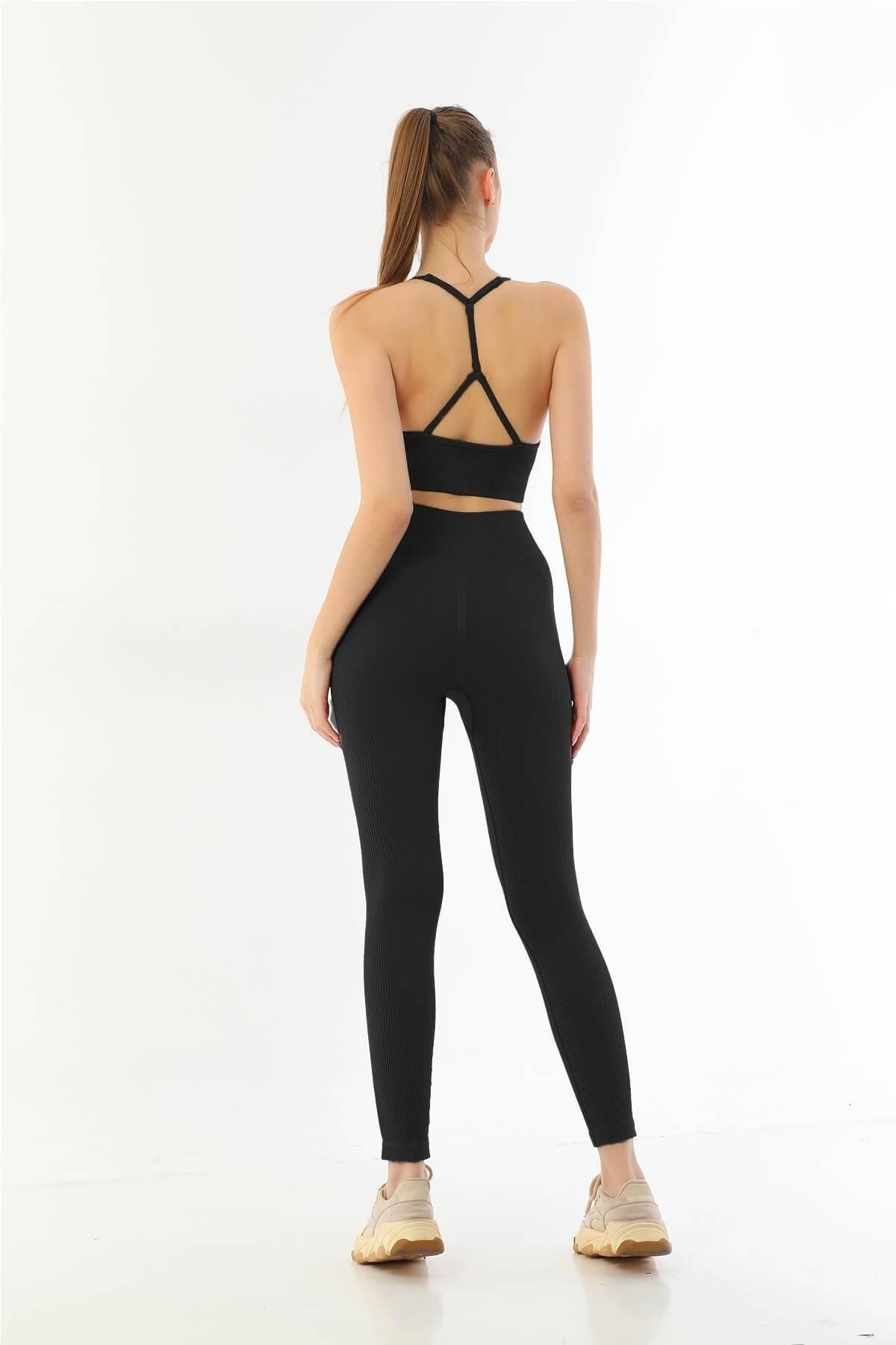 GiyimCity SİYAH Soft Seamless Ripli Tayt Yoga Takımı