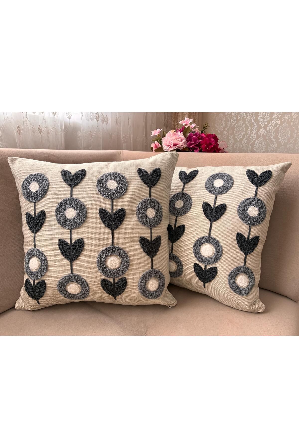Mustgross Bohem Punch Nakışlı Keten Kırlent Kılıfı 2'li Set - 43x43 Cm