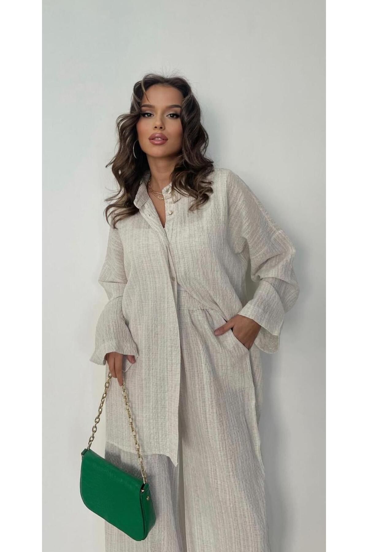 disponible Kadın Bol Paça Pantolon Gömlek Oversize Keten Kadın Alt Üst Takım