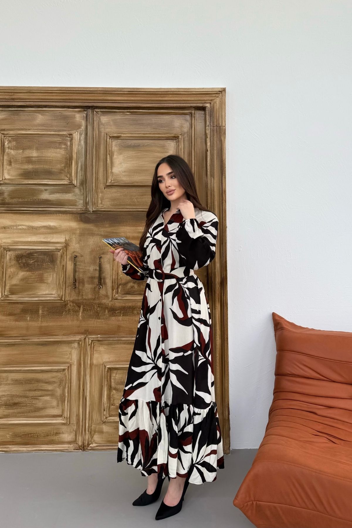 Mezka Kadın Siyah Bordo Desenli Uzun Kol, Kemerli, Uzun Viskon Gömlek Elbise