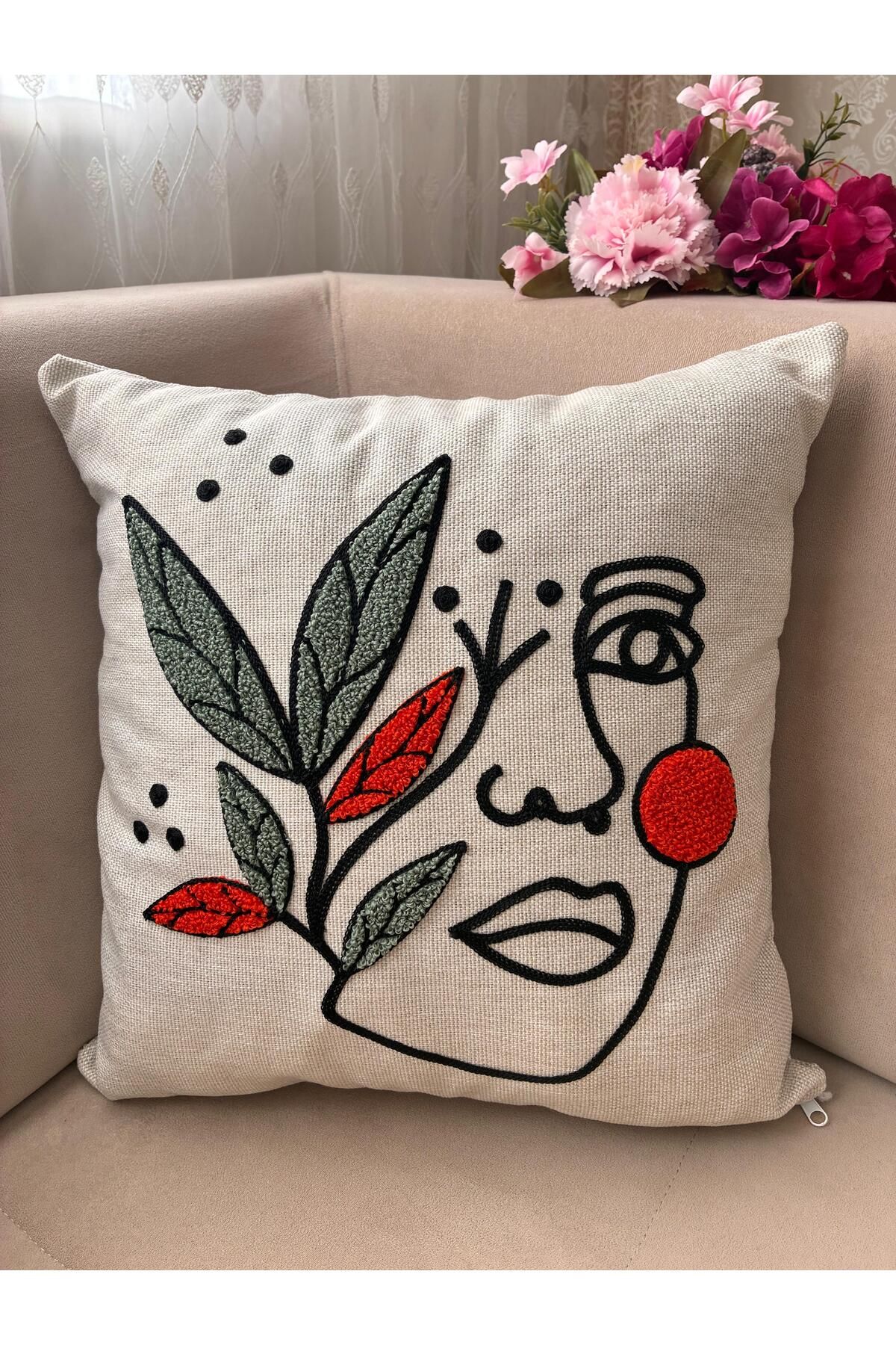 Mustgross Bohem Punch Nakışlı Keten Kırlent Kılıfı 1 Adet - 43x43 Cm