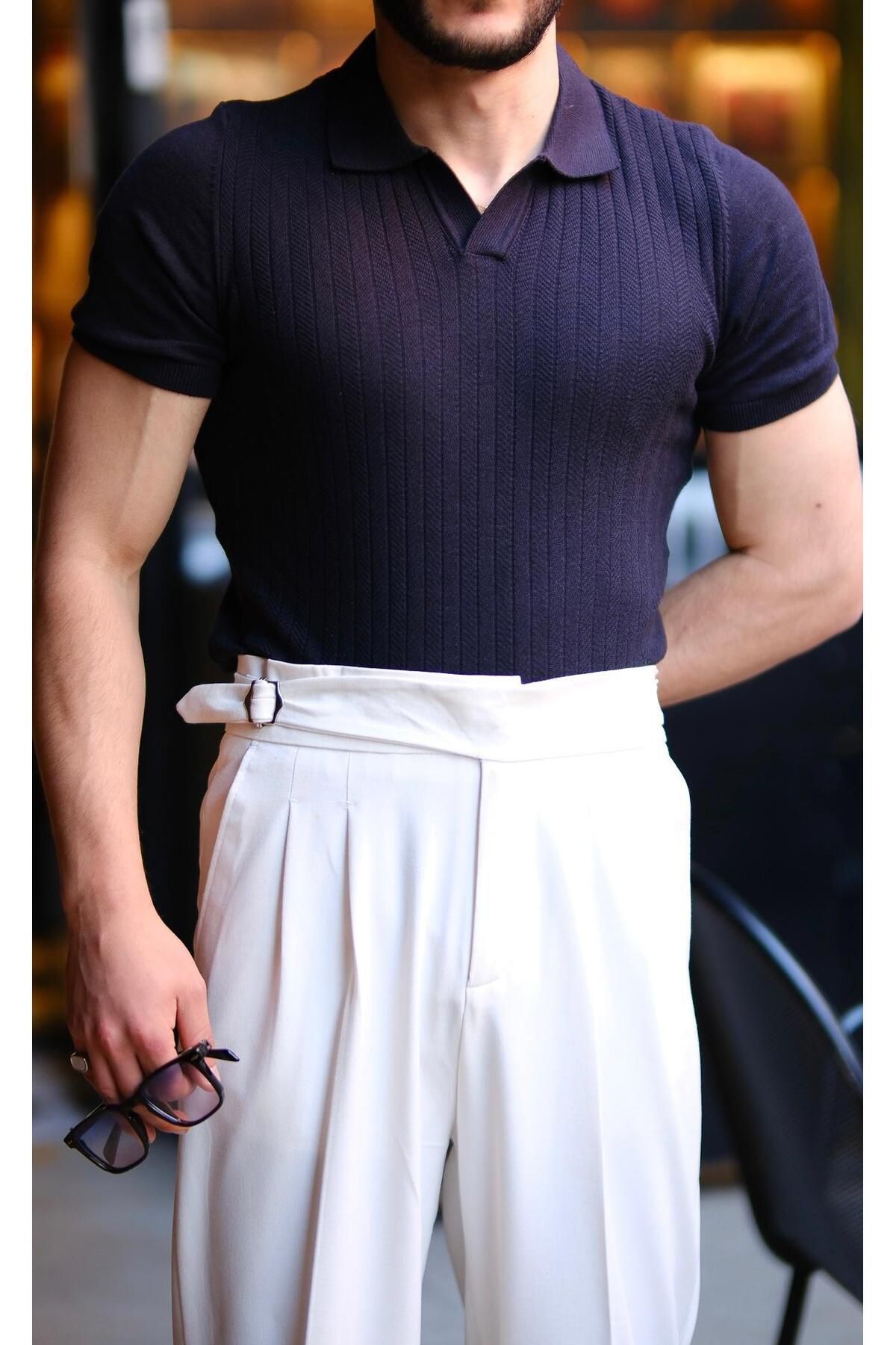 VAVEYLO MENS FASHION Serlano Pamuklu Kendinden Desenli Polo Yaka T-shirt