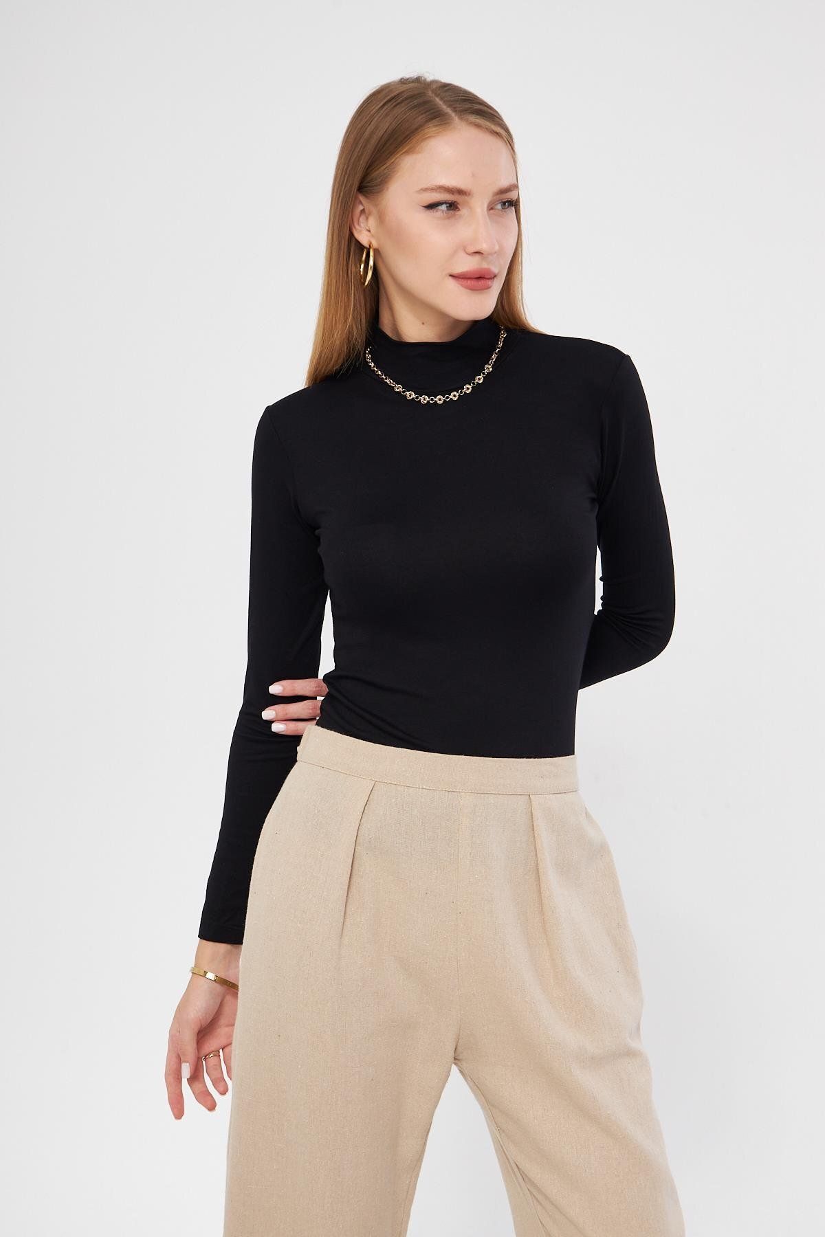 studio fashion 1988 Kadın Siyah Balıkçı Yaka Uzun Kol Premium Kumaş Viskon Likralı Body