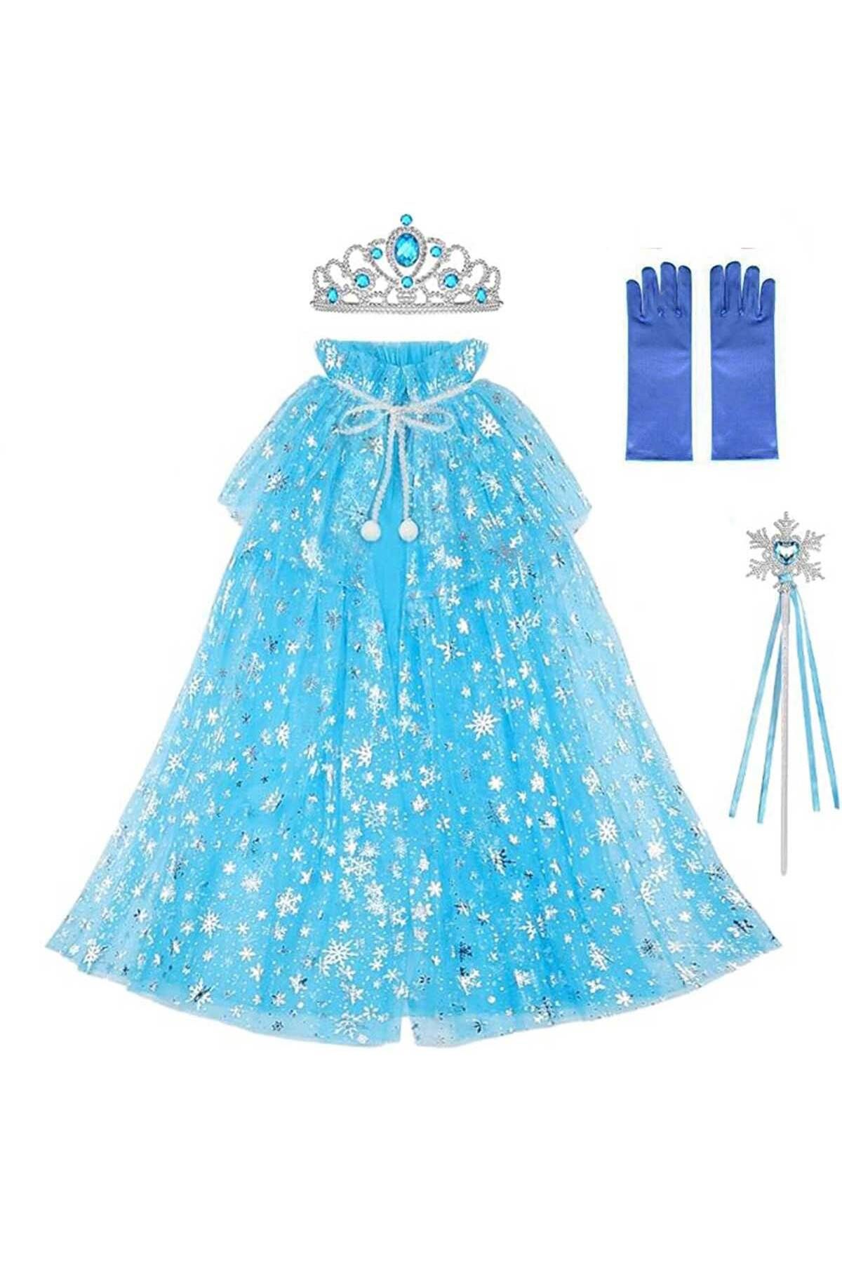 Easy Tedarik Frozen Elsa Pelerin Taç Asa ve Eldiven Seti 80 cm