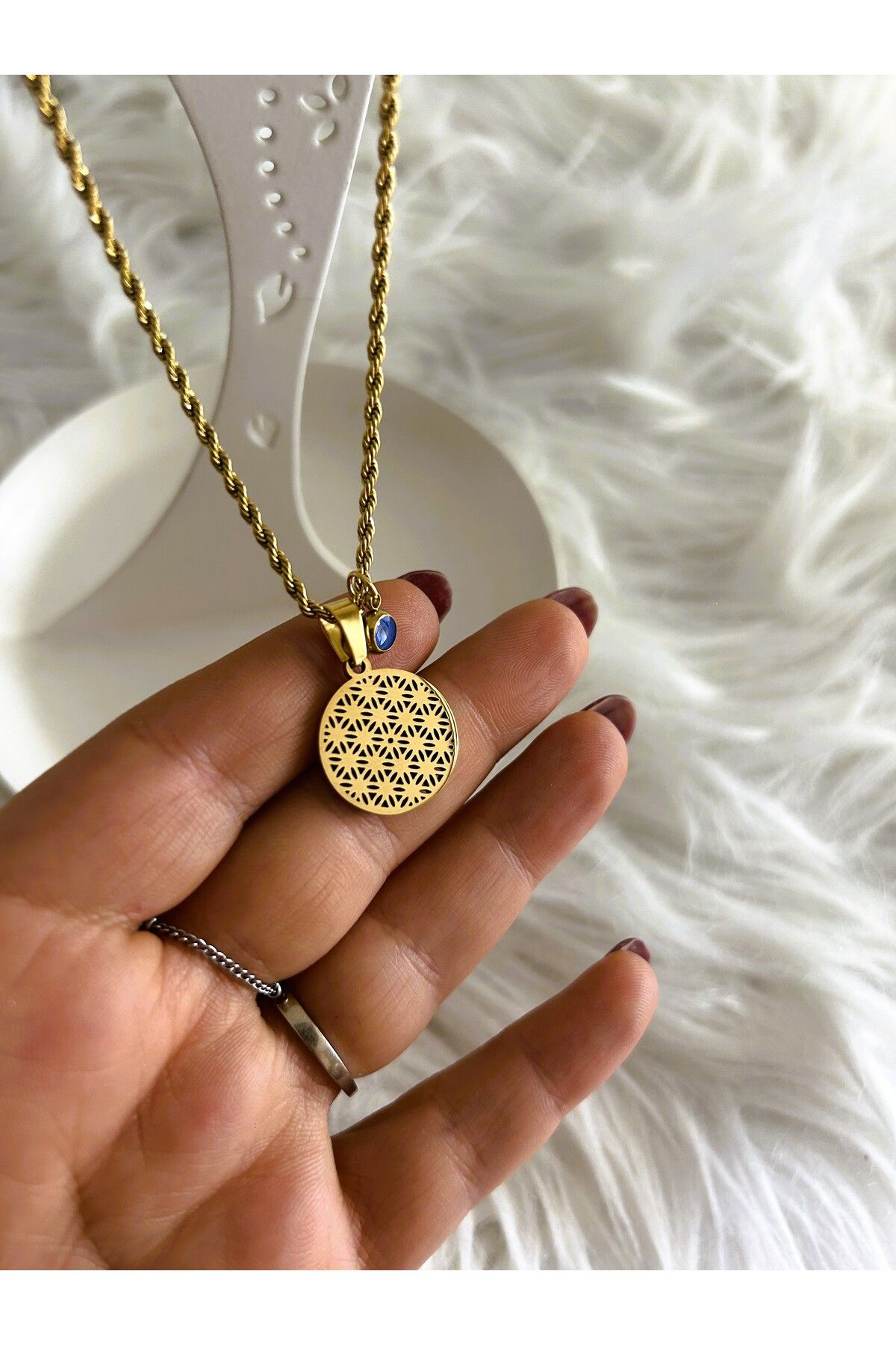 stainles steel ÇELİK PLAKA MODEL NAZAR BONCUĞU DETAYLI GOLD KOLYE - KÜÇÜK