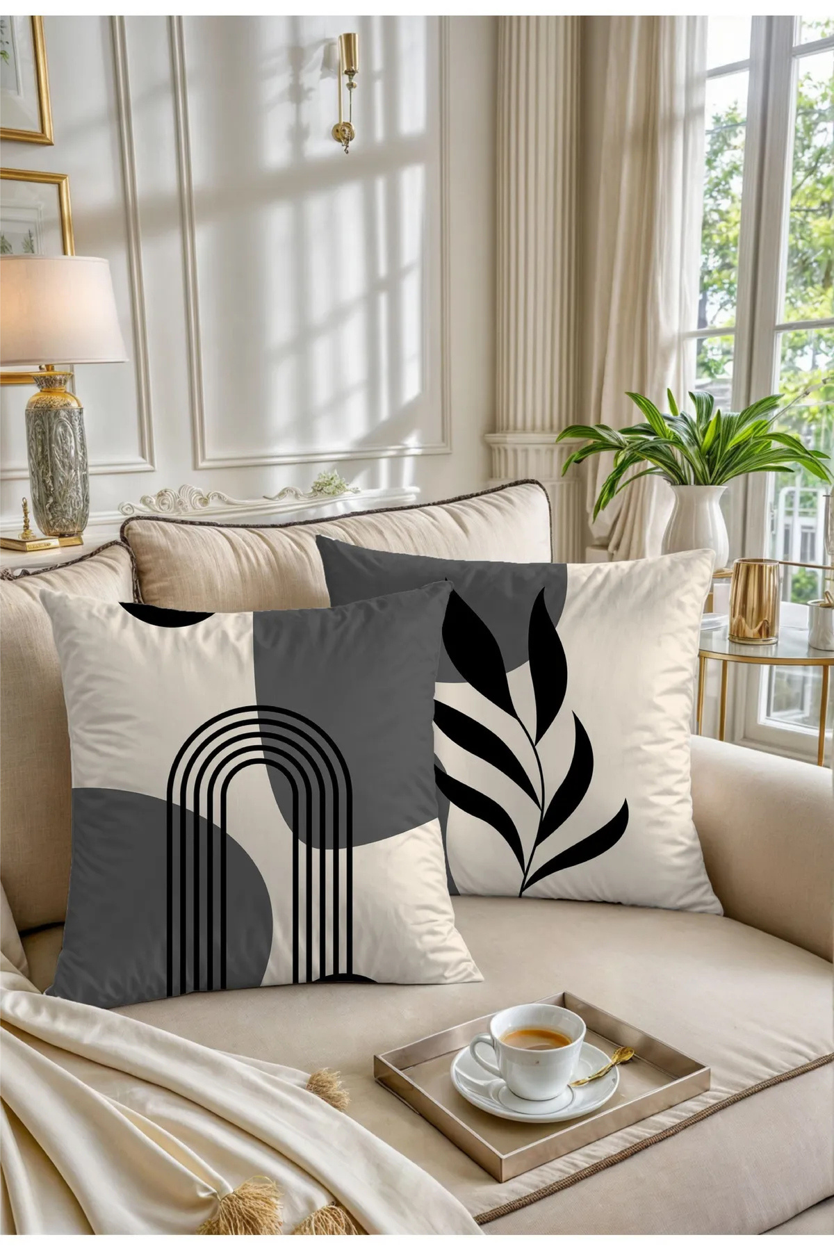 Hayal Dekoratif-Bohemian Boho Themed Gray Cream Color Digital Printed Gift Set of 6 Throw Pillow Cases 6Pcsboho 4