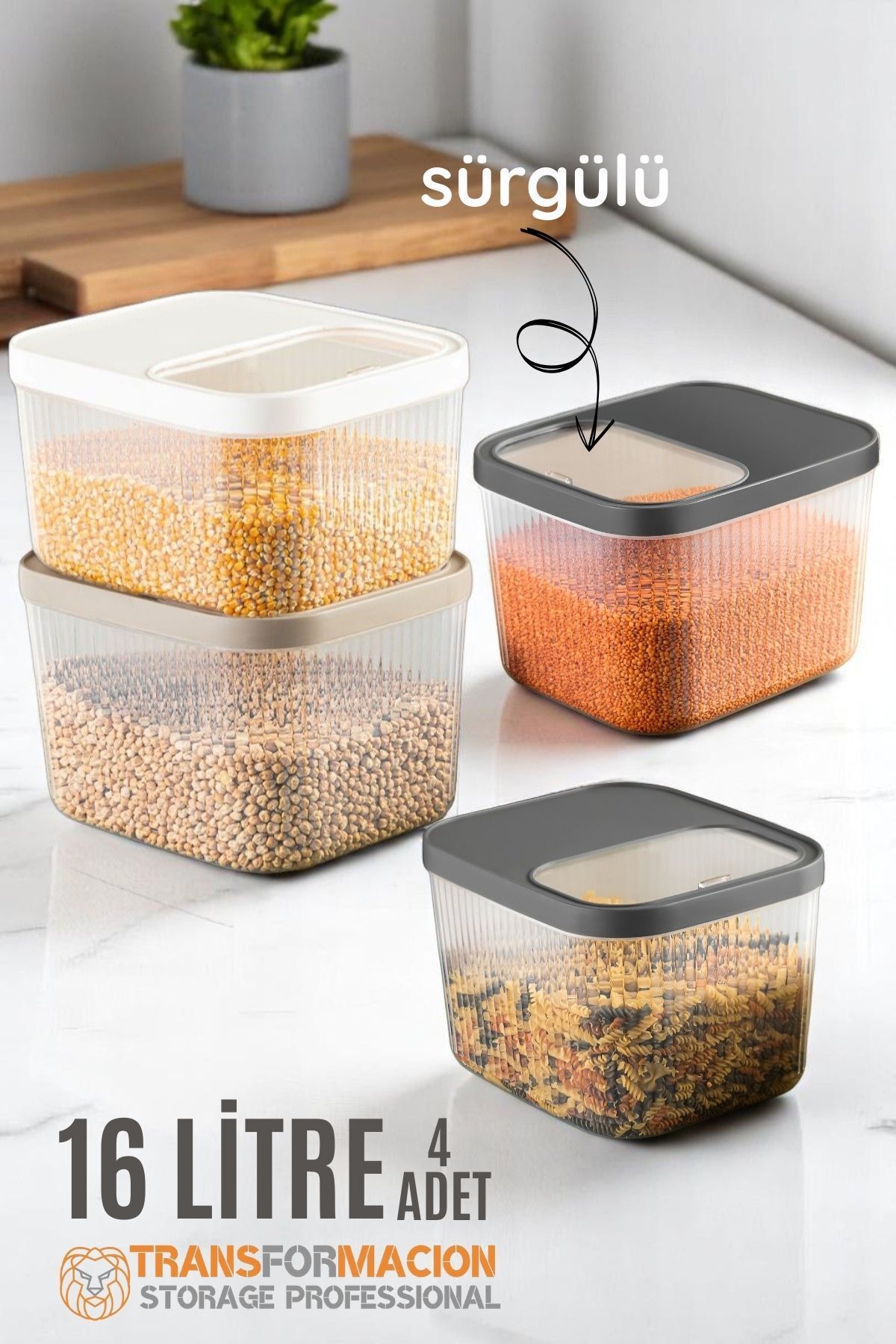 Transformacion Erzak Bakliyat Kutusu Sürgülü Kapak Saklama Kabı 16 Litre 4 ADET 721711
